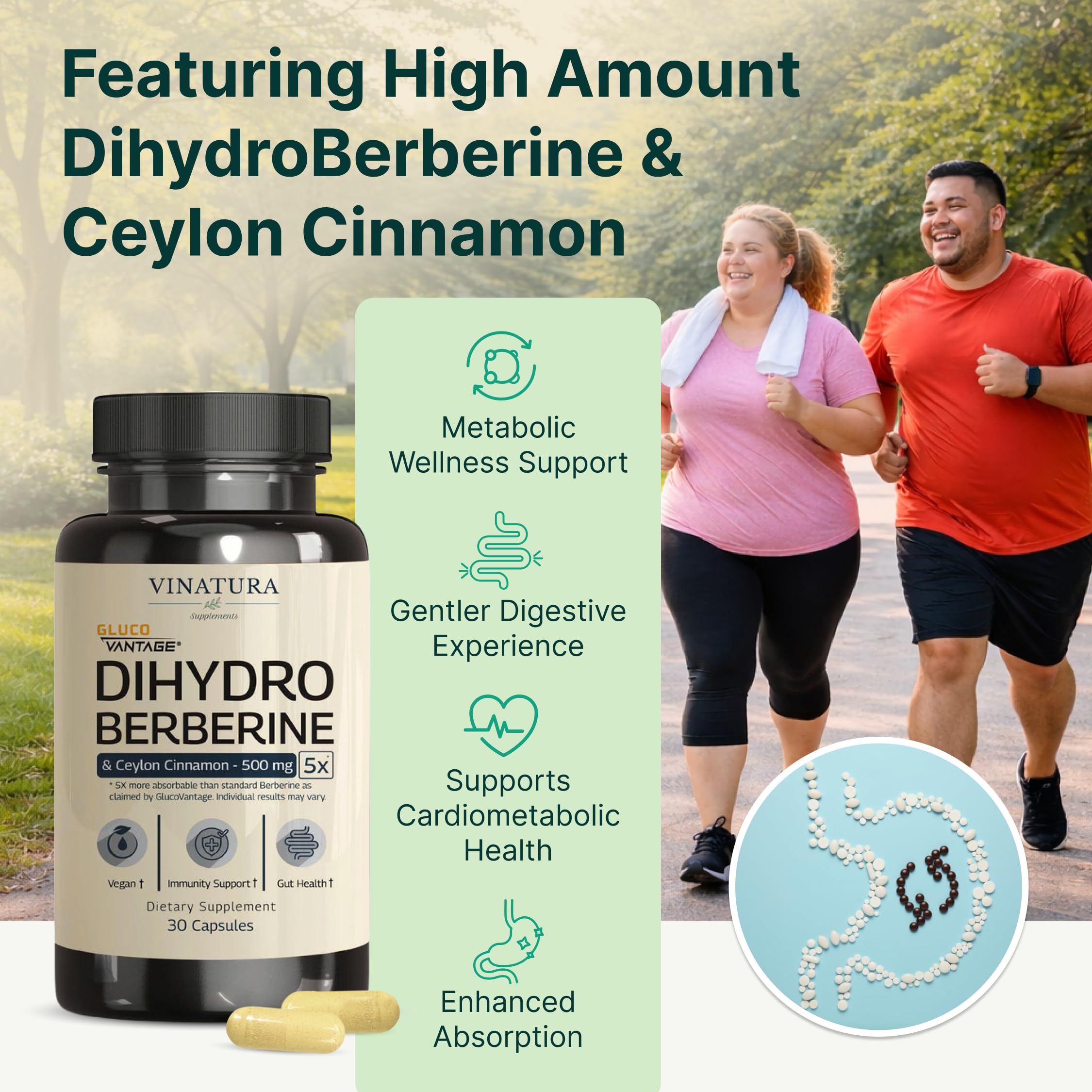 VINATURA Dihydroberberine with Ceylon Cinnamon capsules on a wooden table