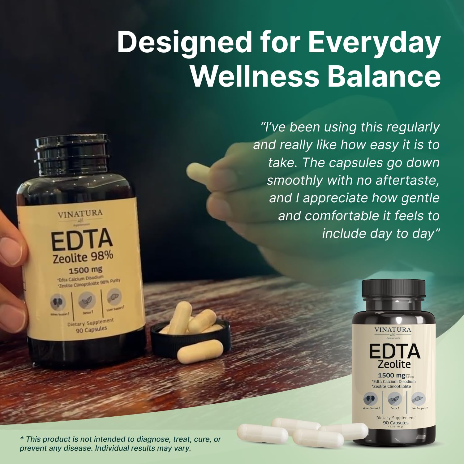 VINATURA EDTA & Zeolite Capsules on a wooden table