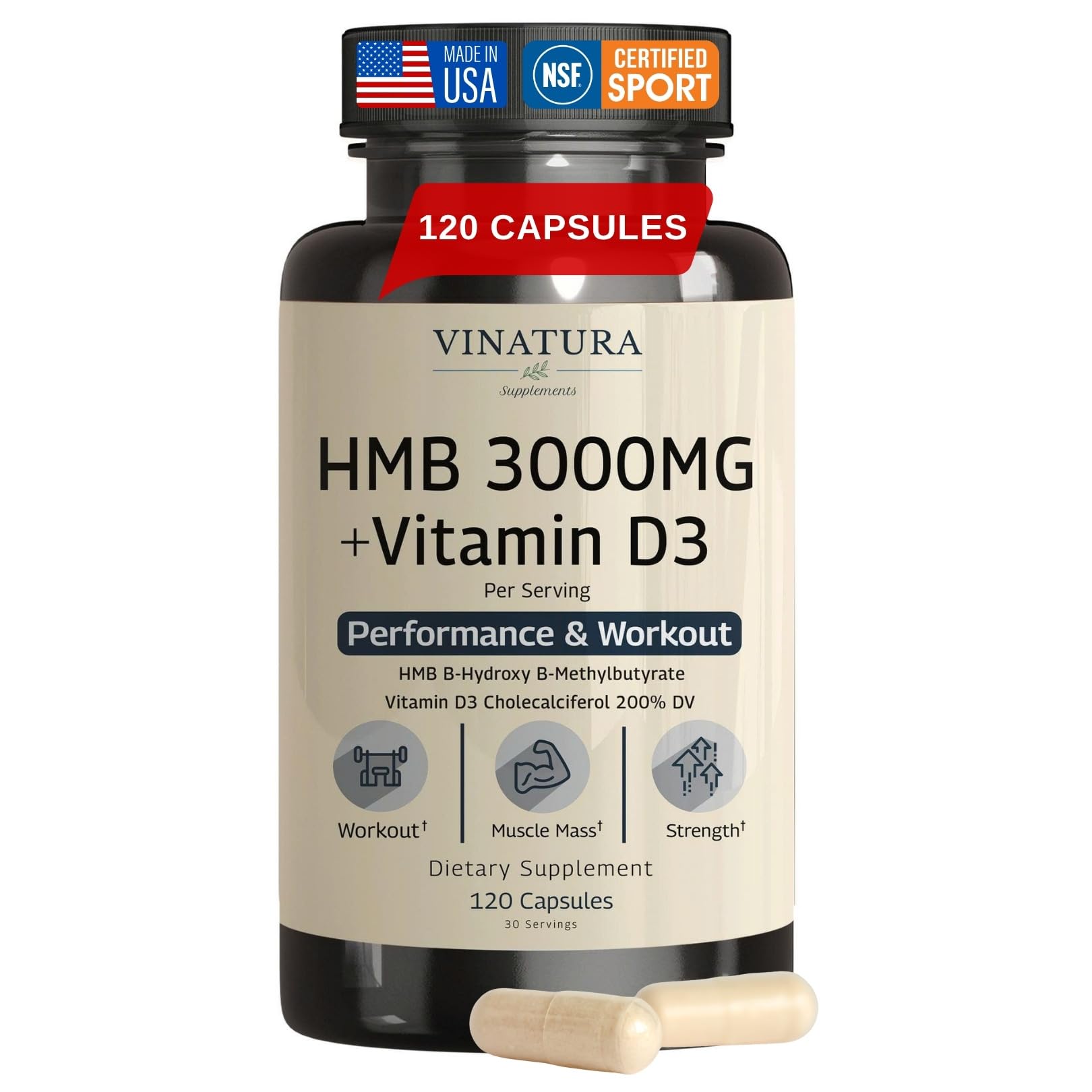 VINATURA HMB Supplements 3000mg front view with 120 capsules