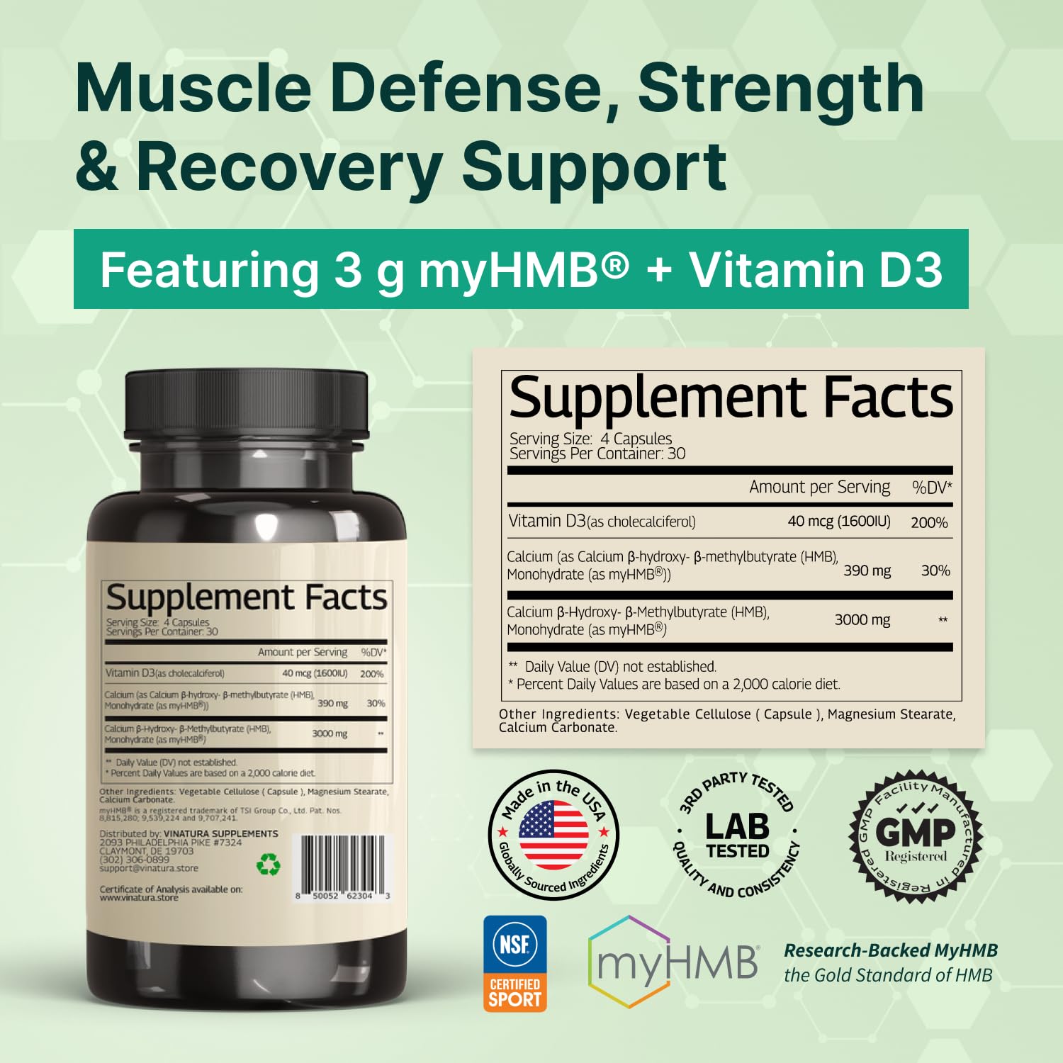 VINATURA HMB Supplements 3000mg packaging with nutrition facts