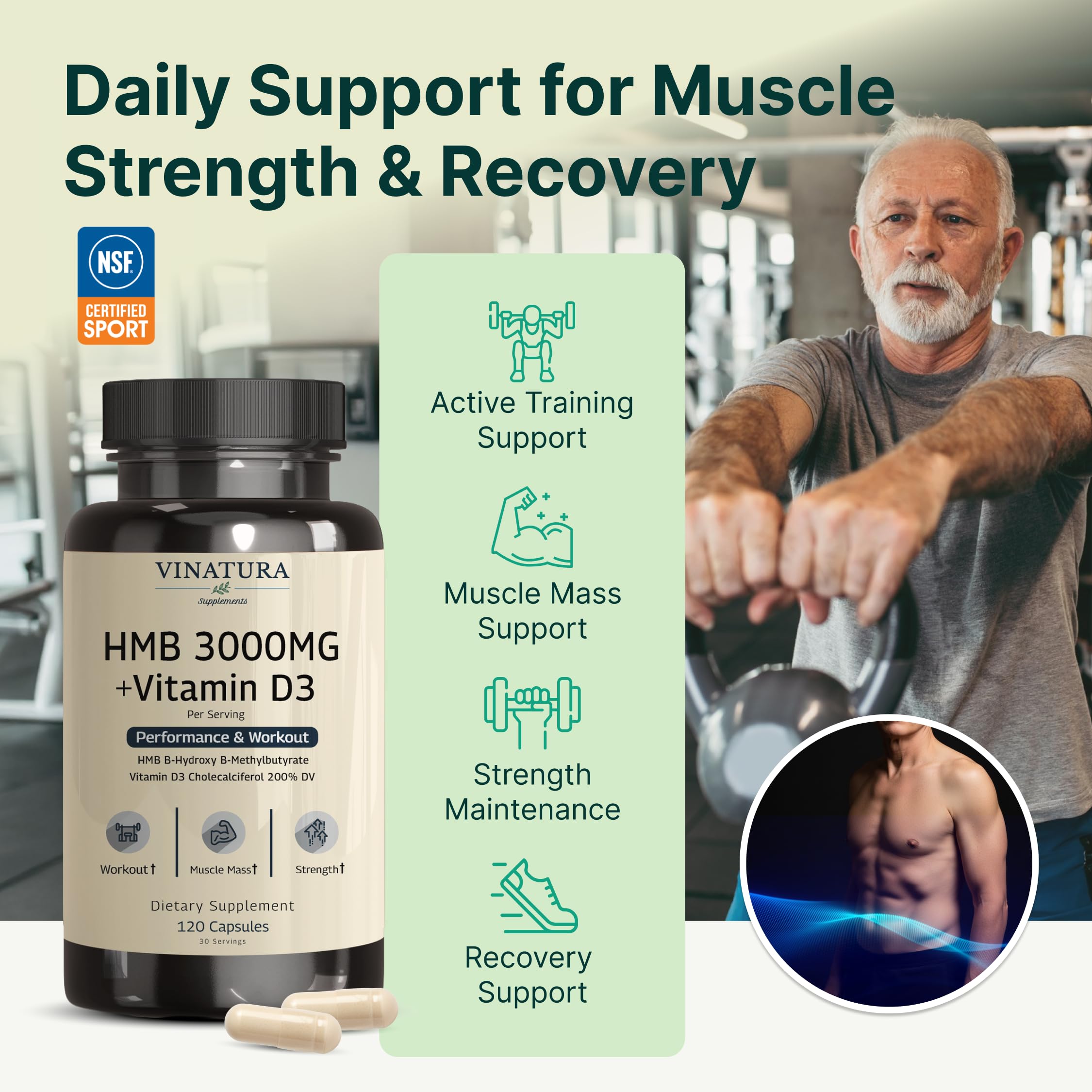 VINATURA HMB Supplements 3000mg with Vitamin D3 label close-up