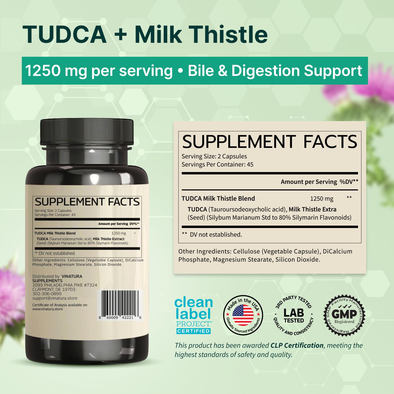 VINATURA Milk Thistle TUDCA 1250mg 90 Capsules bottle with label