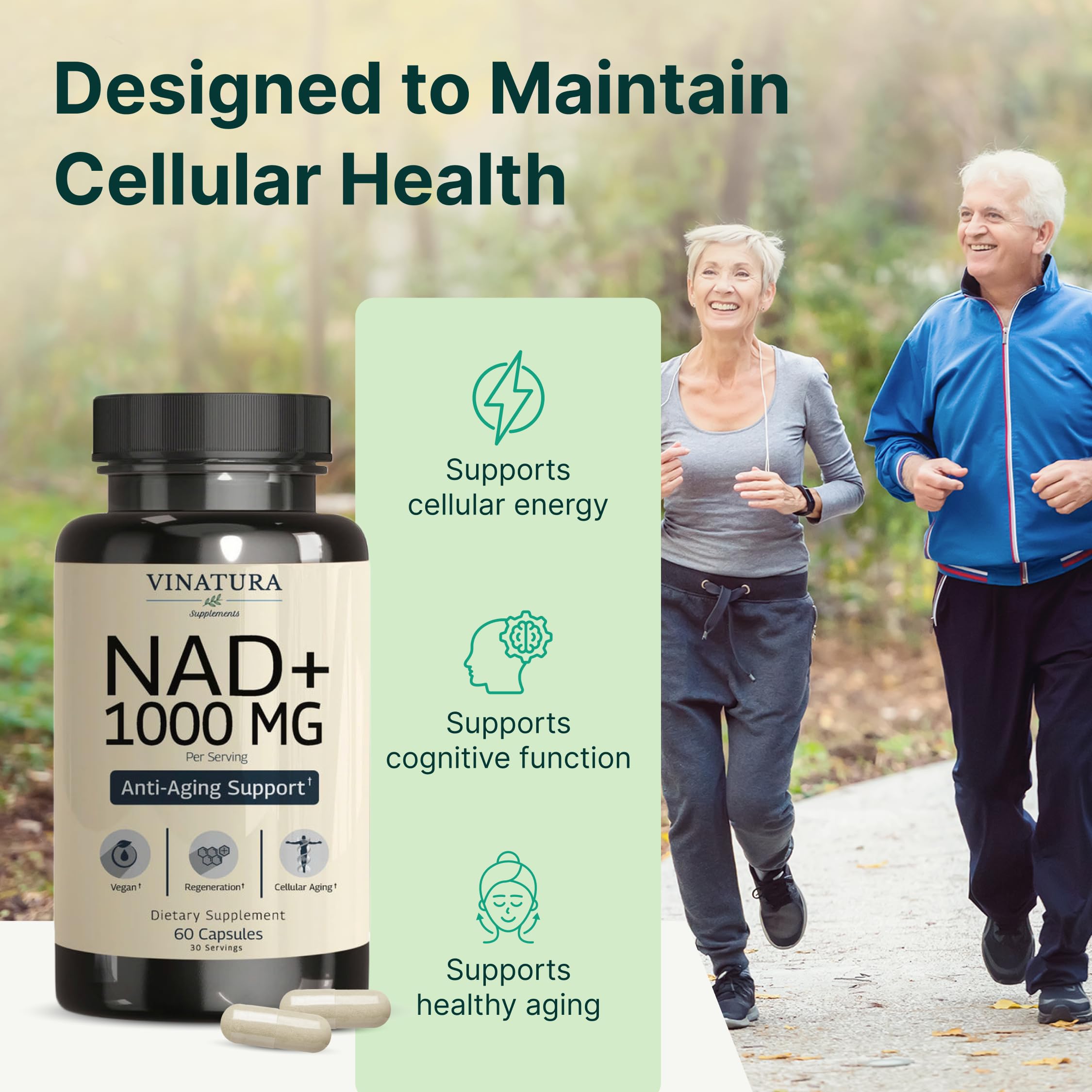 VINATURA NAD+ Supplement 1000mg 60 Capsules bottle with cap