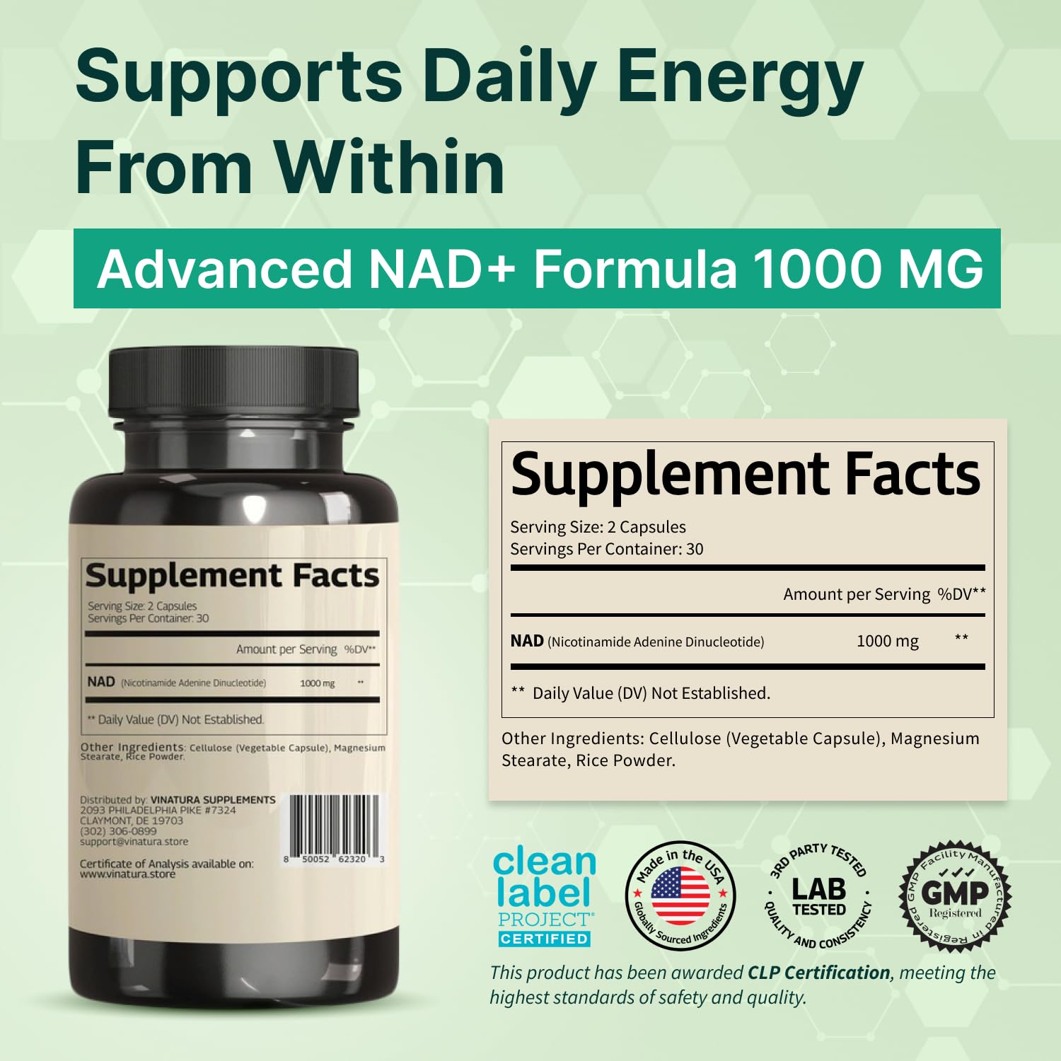VINATURA NAD+ Supplement 1000mg 60 Capsules side view