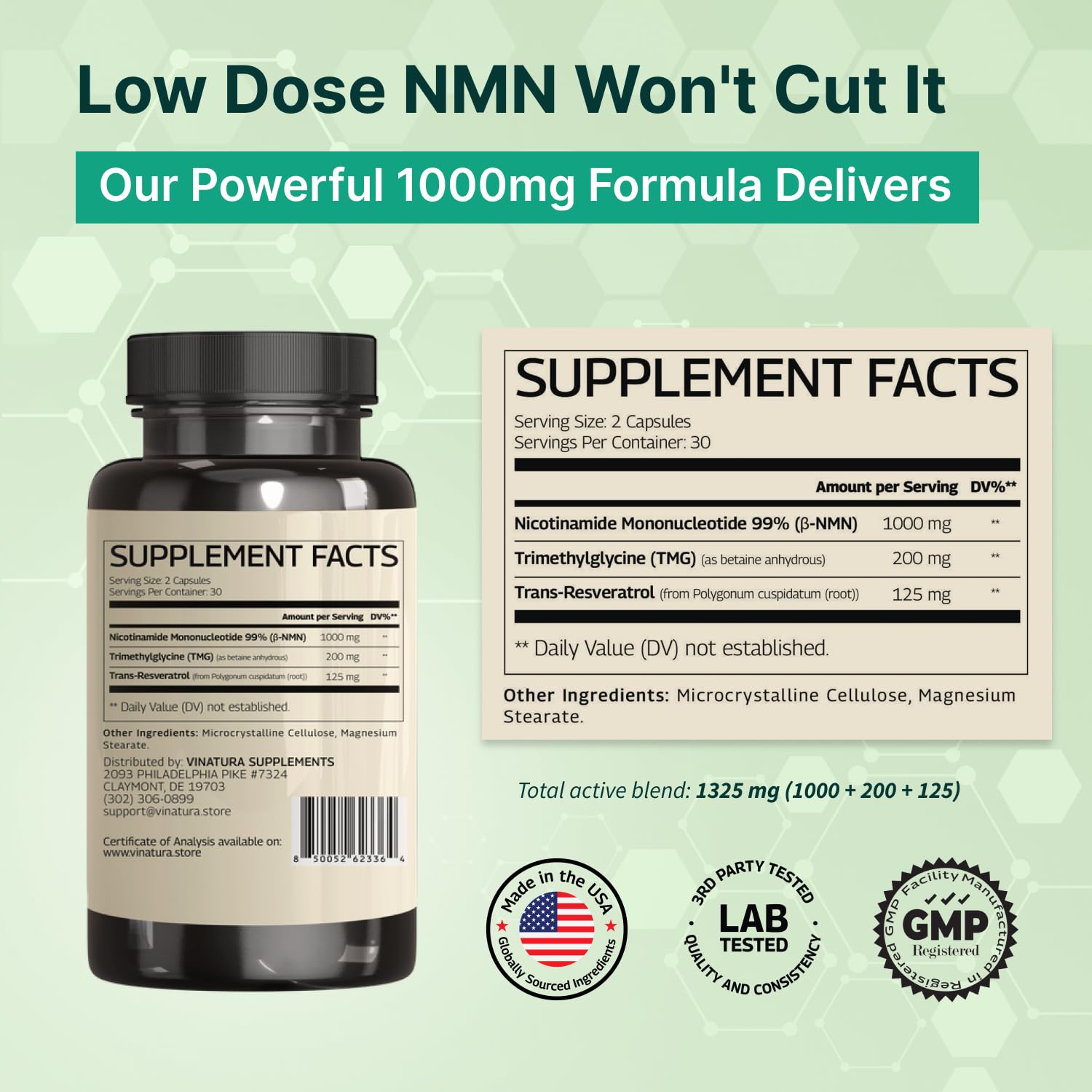VINATURA NMN Resveratrol Supplement 1000mg capsule close-up