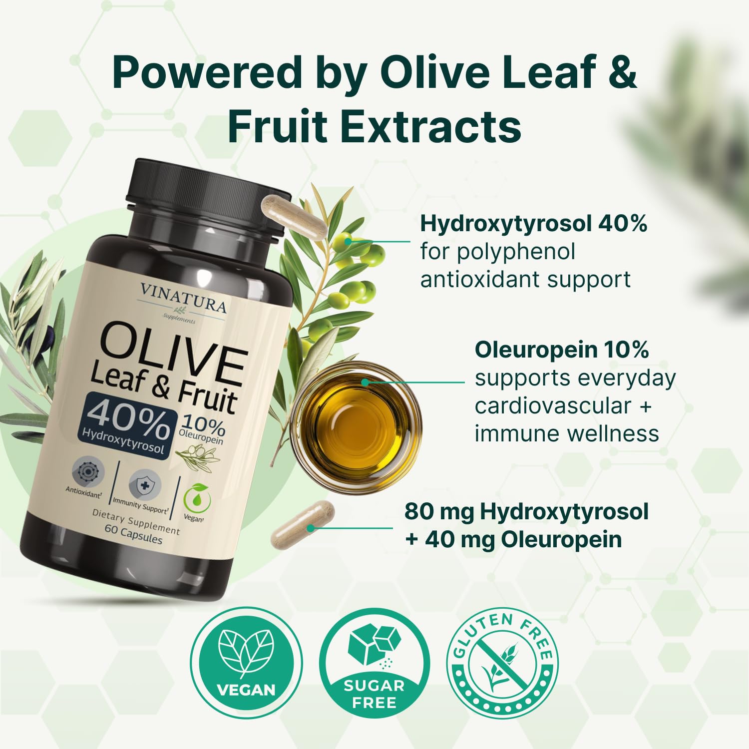 VINATURA Olive Leaf Extract Capsules 610mg on a wooden table