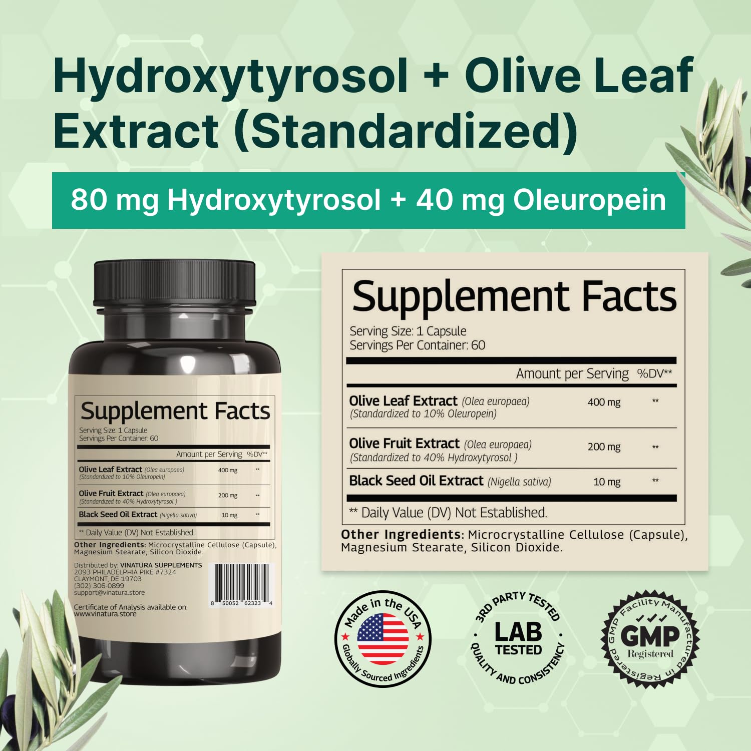 VINATURA Olive Leaf Extract Capsules 610mg side view