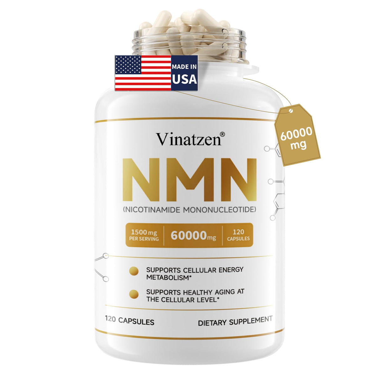 Vinatzen NMN 500mg supplement front view with 120 capsules