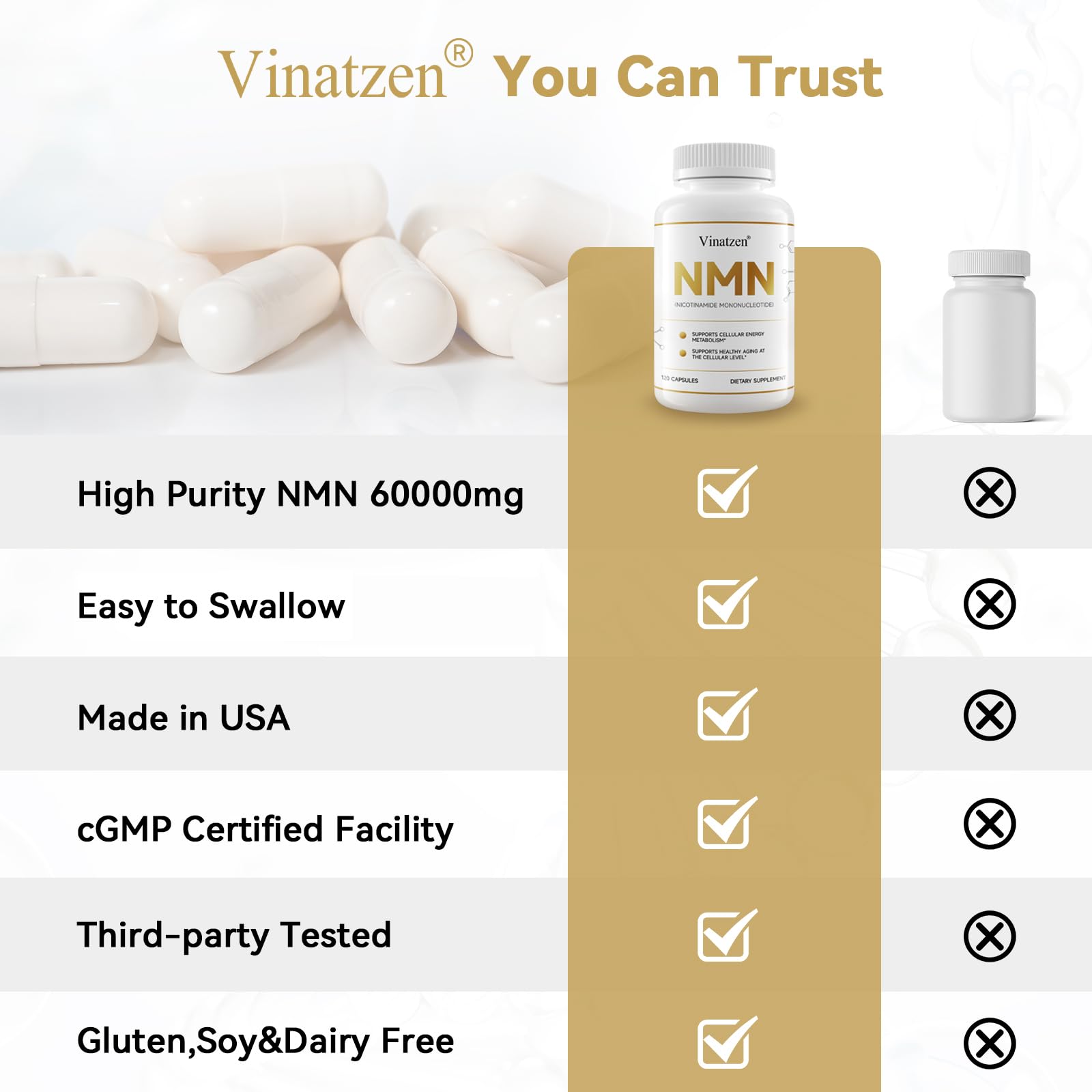 Vinatzen NMN supplement with a natural setting background