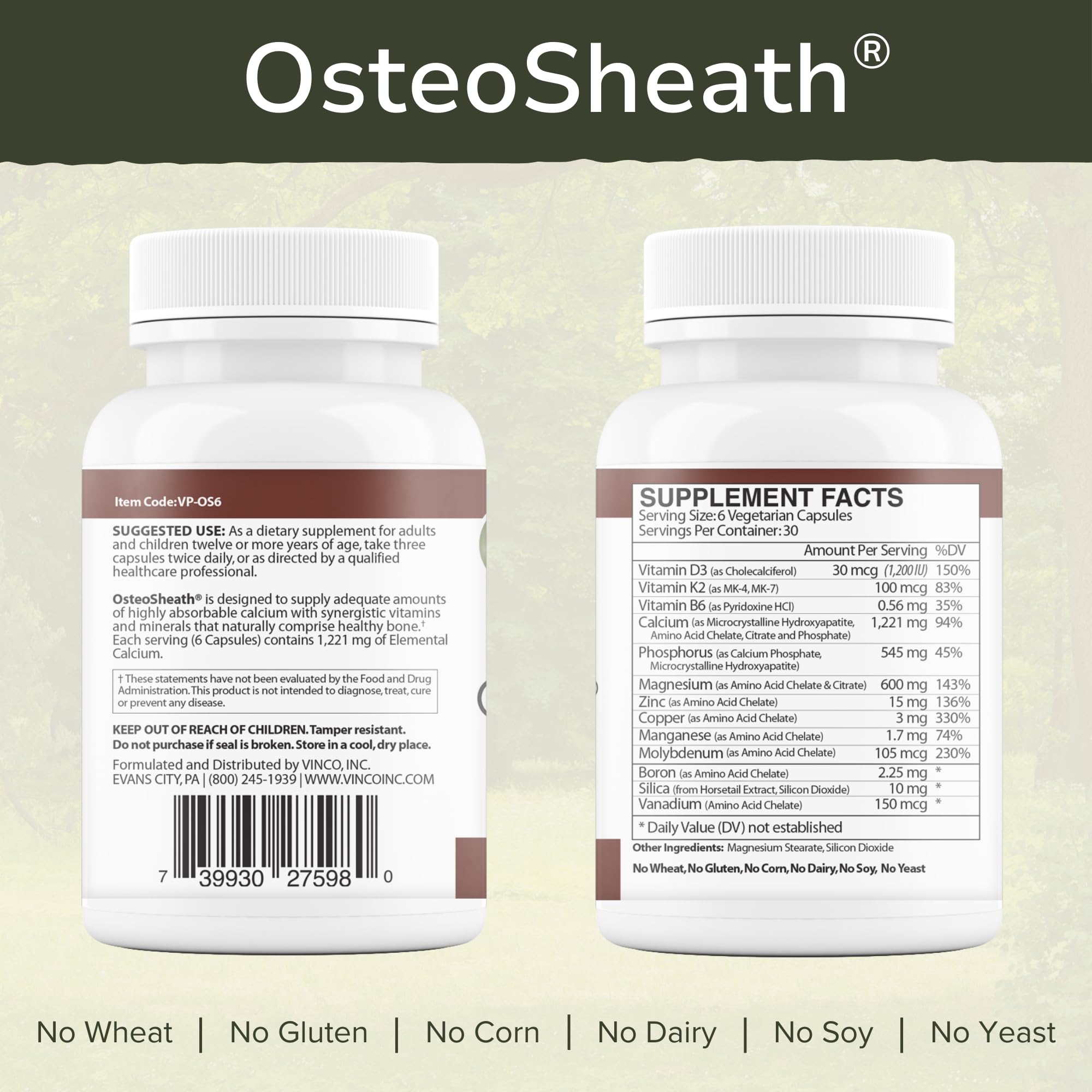 Vinco OsteoSheath blended vitamin and mineral supplement capsule bottle side view