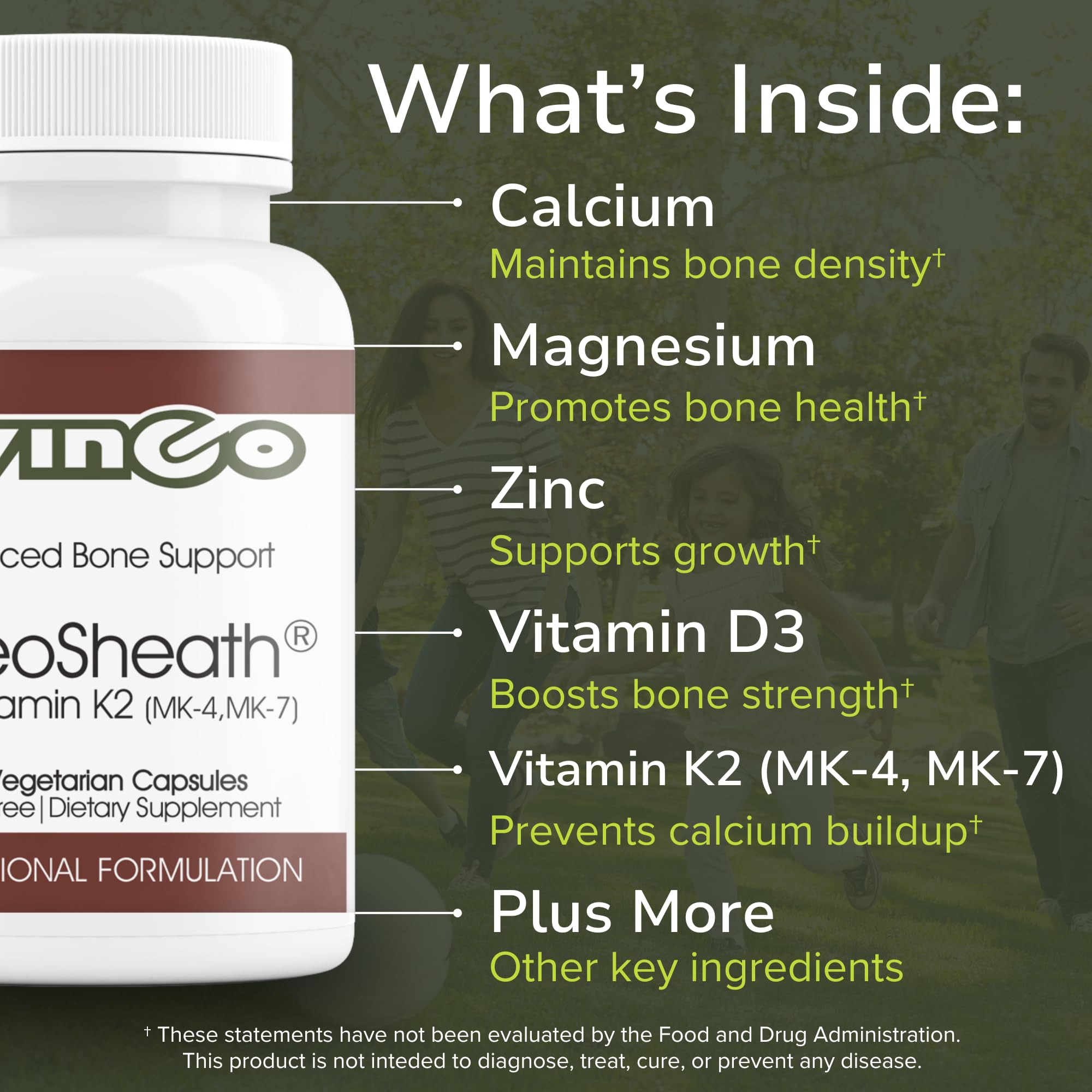 Vinco OsteoSheath blended vitamin and mineral supplement capsules with measuring spoon