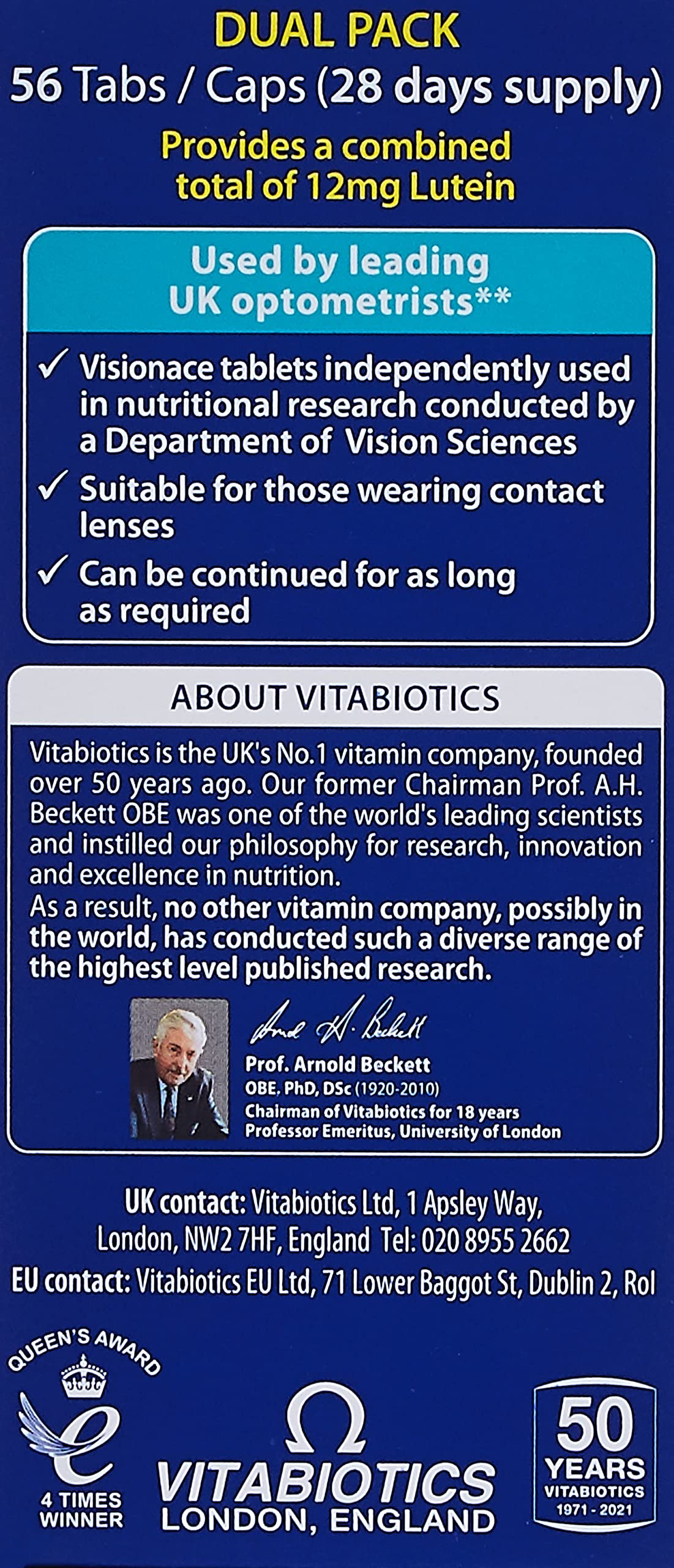 Visionace Vitamin & Mineral Supplement Tablets back view