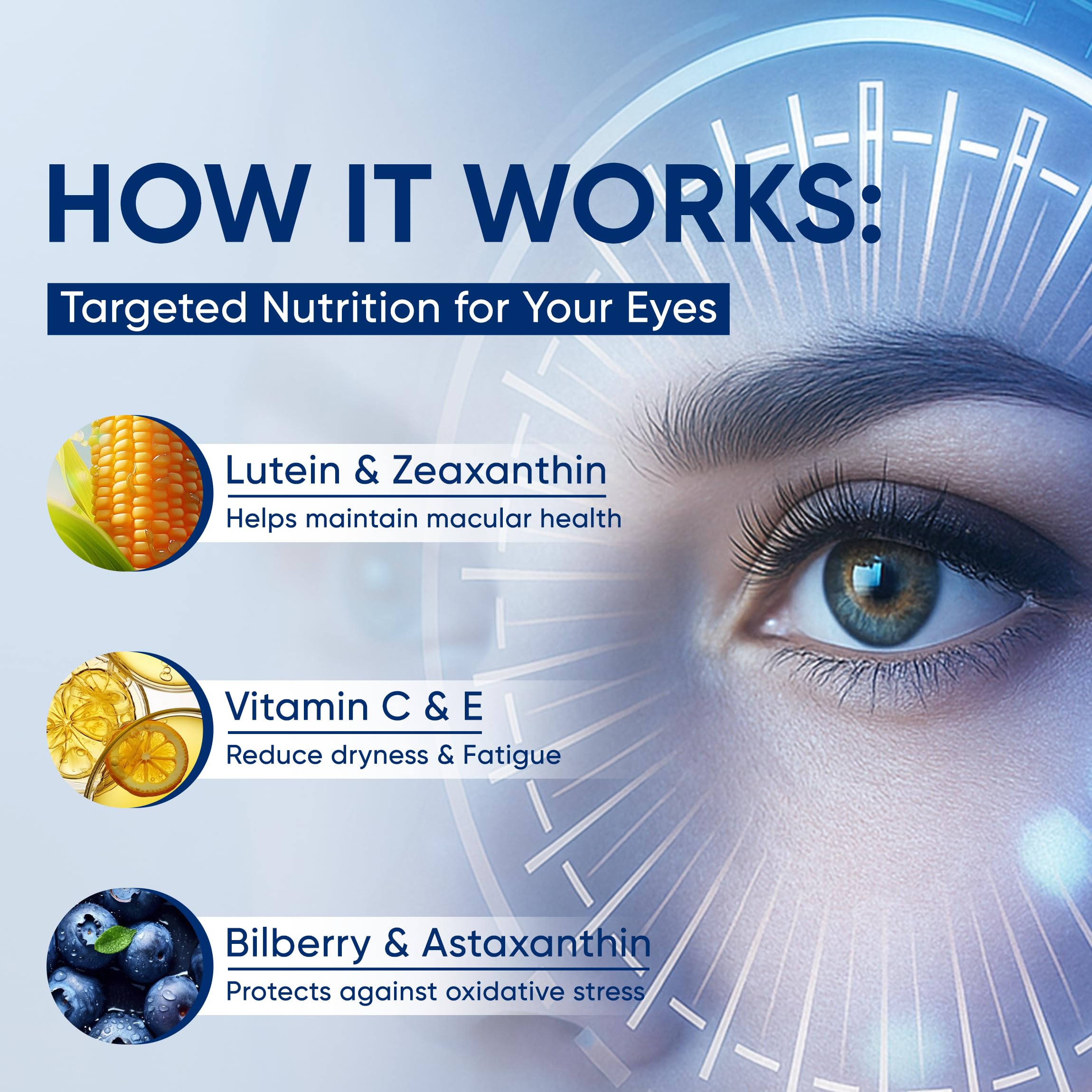 VISIOVANCE 15-in-1 Advanced Eye Formula capsules on a wooden surface