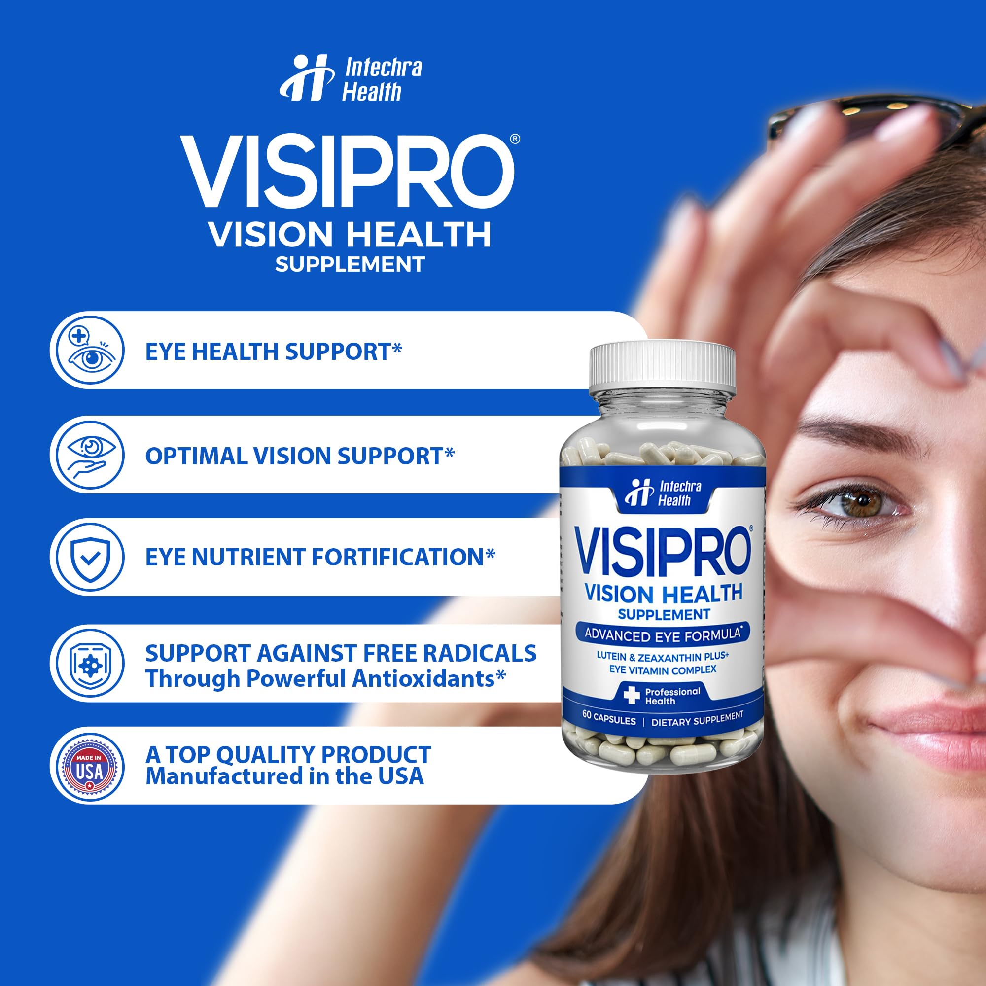 VISIPRO Lutein Eye Health Supplement 50g capsules on a wooden table