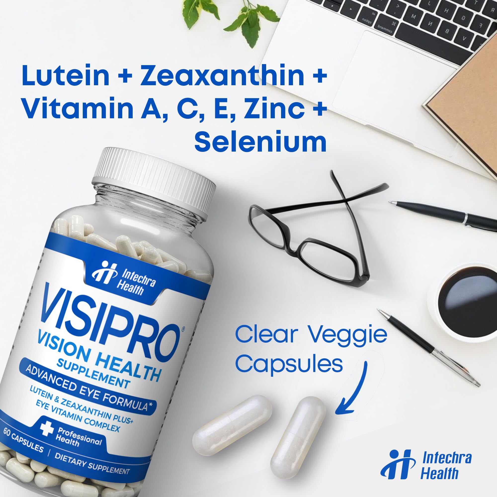 VISIPRO Lutein Eye Health Supplement capsules in a glass of water