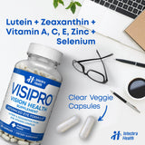 VISIPRO Lutein Eye Health Supplement capsules in a glass of water