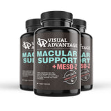 Visual Advantage Macular Support Plus Meso-Z bottle with a glass of water