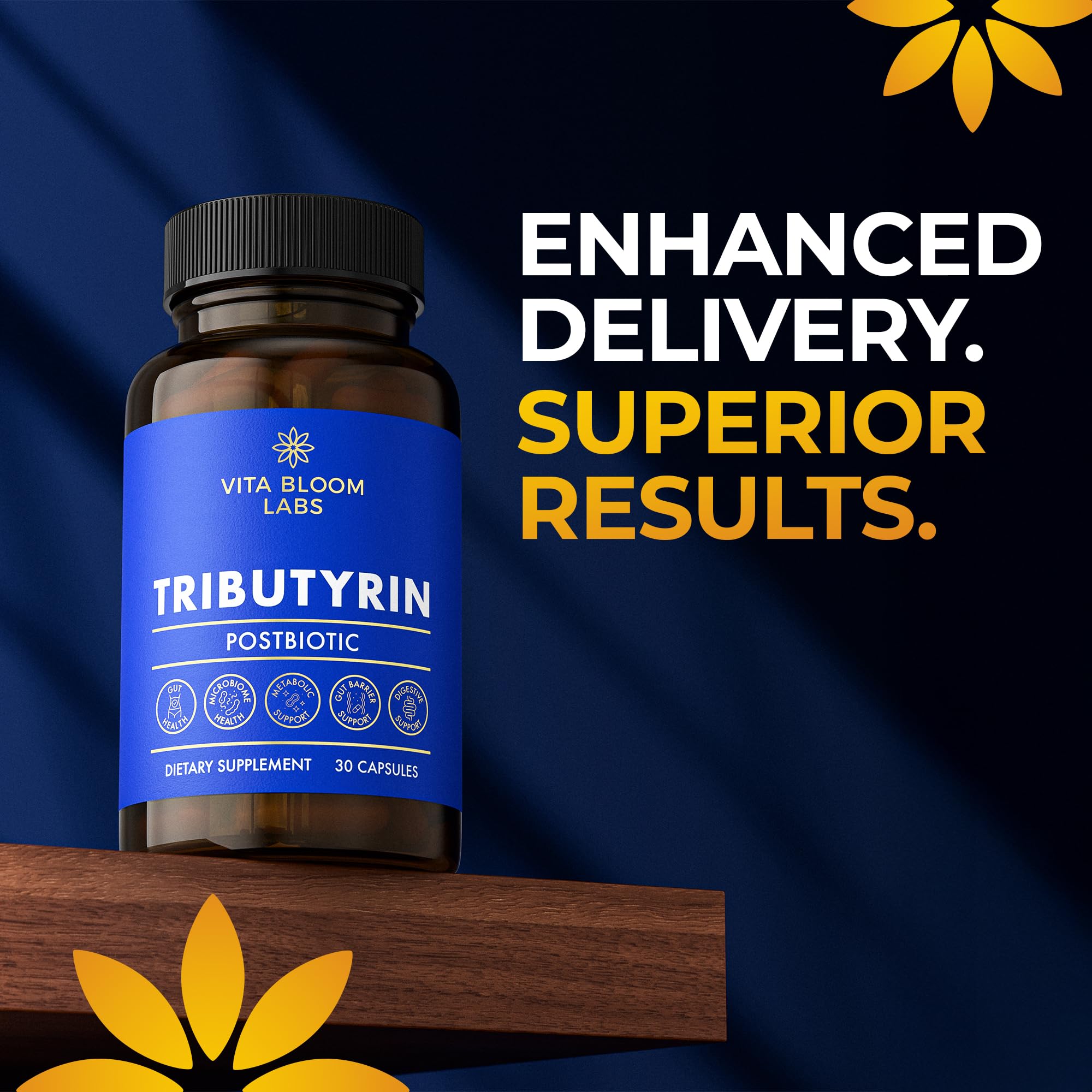 Vita Bloom Labs Tributyrin Postbiotic 55% bottle on a wooden table