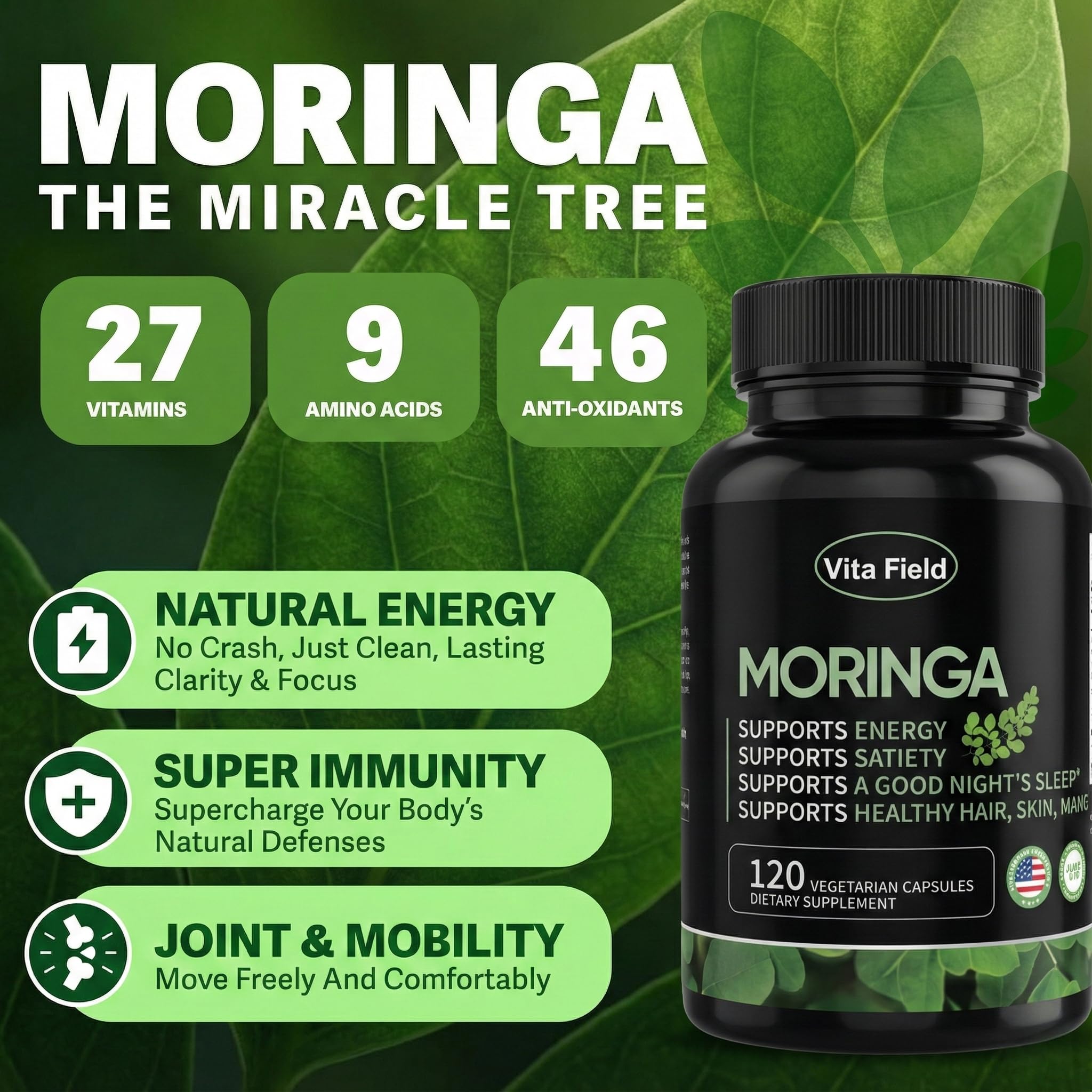 Vita Field Moringa Leaf Capsules bottle with label