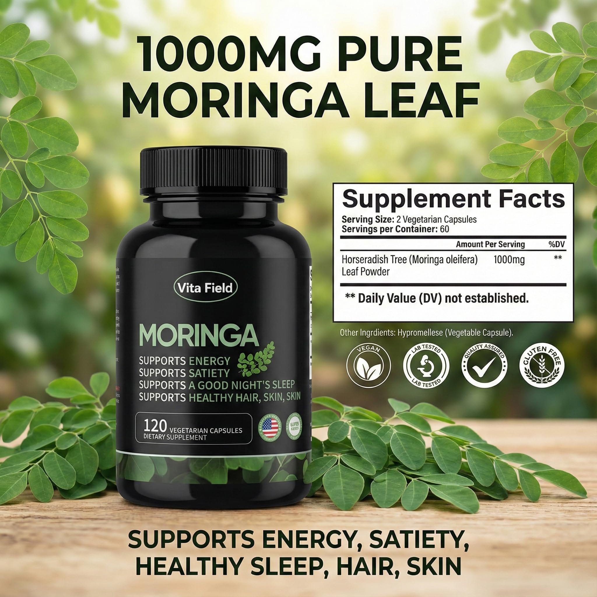 Vita Field Moringa Leaf Capsules close-up of capsules