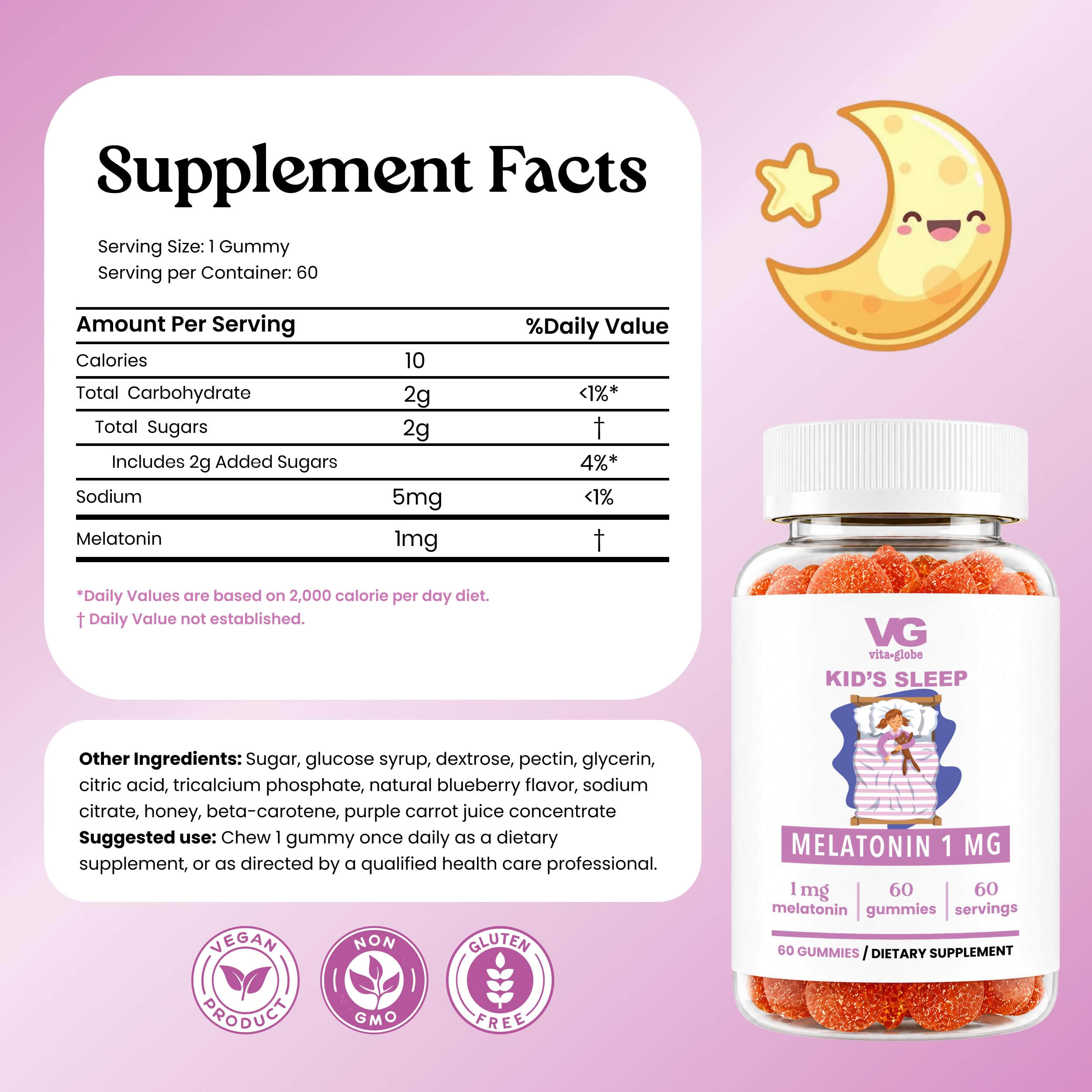 VITA GLOBE Kids Melatonin Gummies 1mg bottle side view