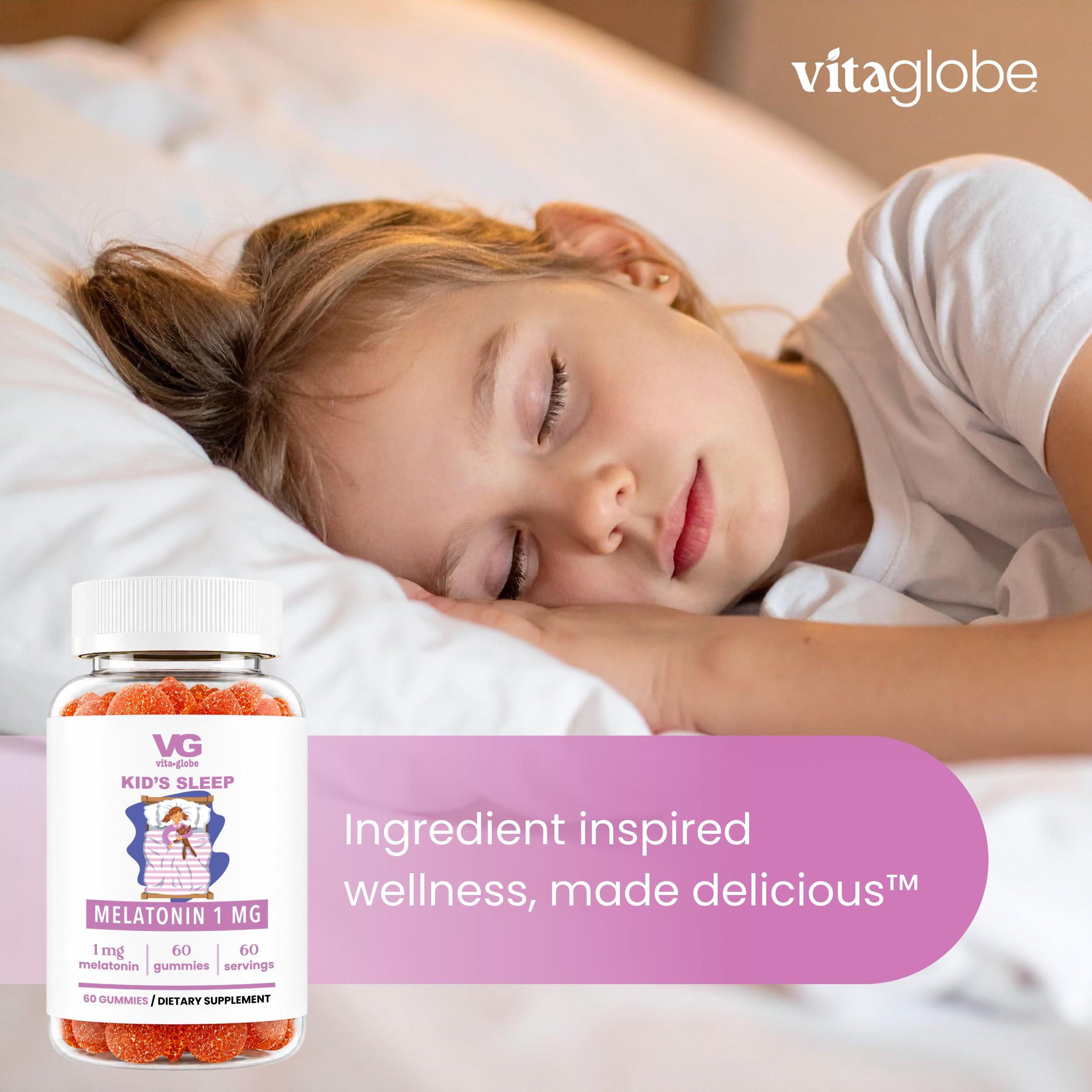 VITA GLOBE Kids Melatonin Gummies 1mg with bedtime setting