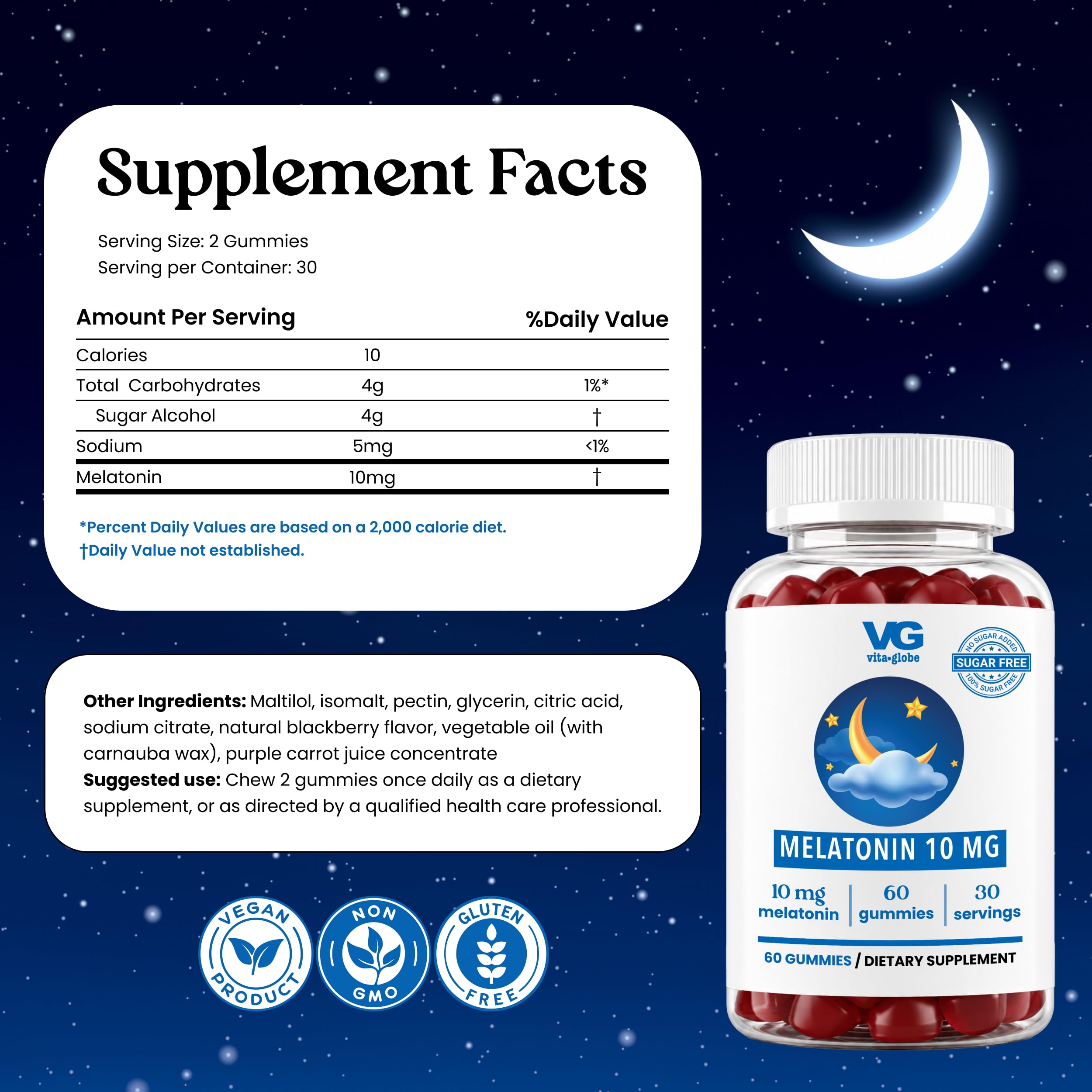 VITA GLOBE Melatonin Gummies 10mg side view with packaging