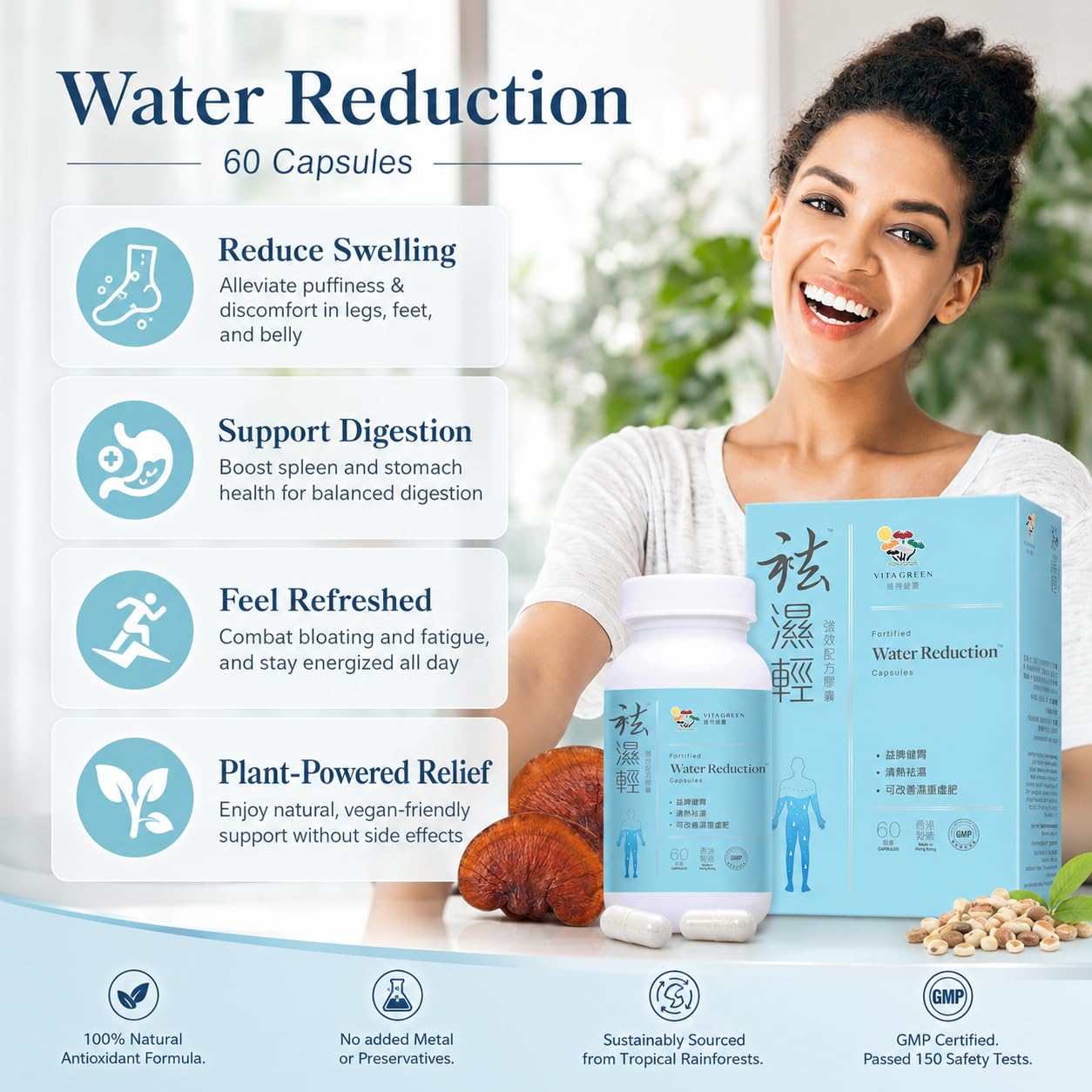 Vita Green Herbal Water Reduction Capsules with measuring spoon