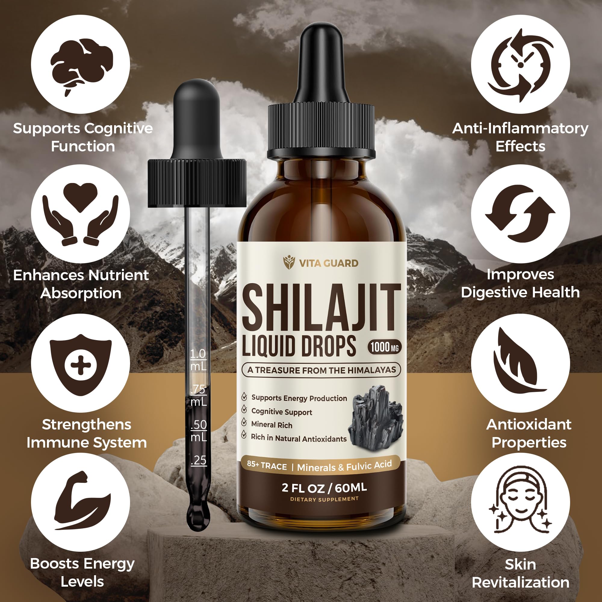 Vita Guard Himalayan Shilajit Liquid Drops with a glass of water
