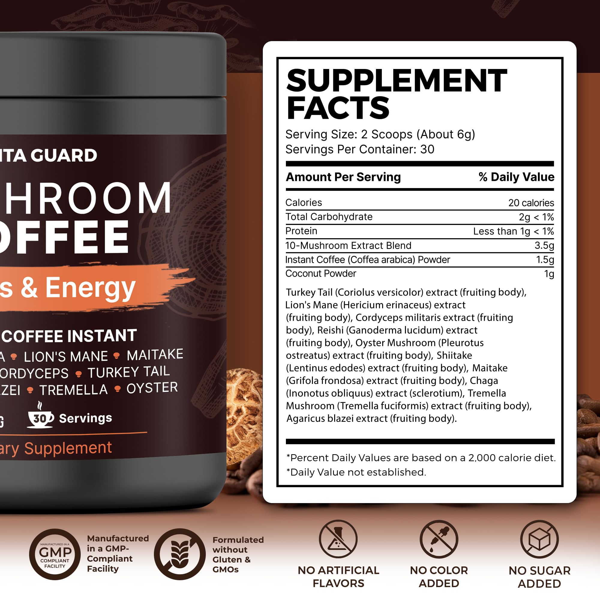 Vita Guard Instant Coffee 10-Mushroom Blend close-up of powder