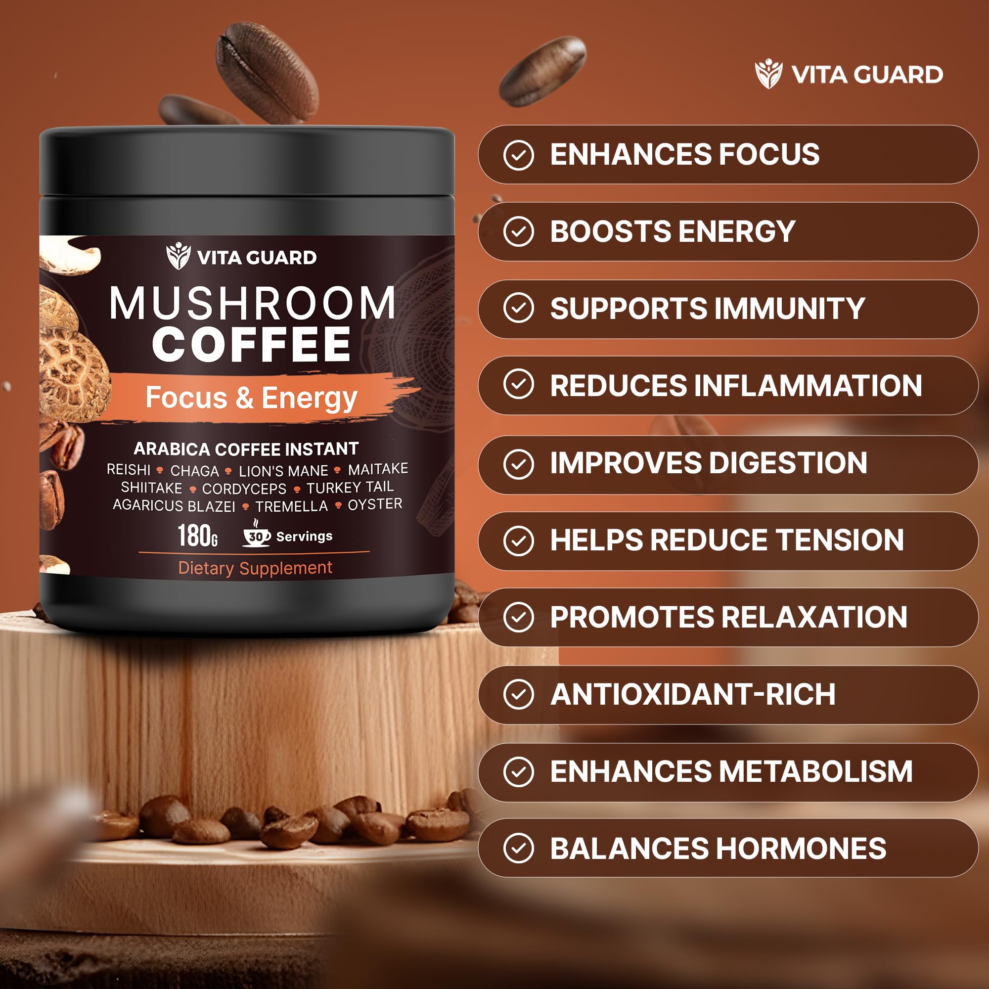 Vita Guard Instant Coffee 10-Mushroom Blend lifestyle scene