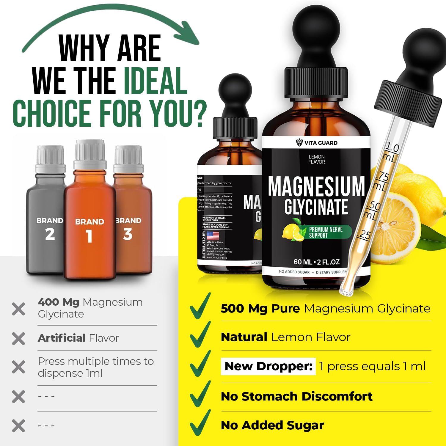 Vita Guard Magnesium Glycinate Liquid 500mg on a wooden table