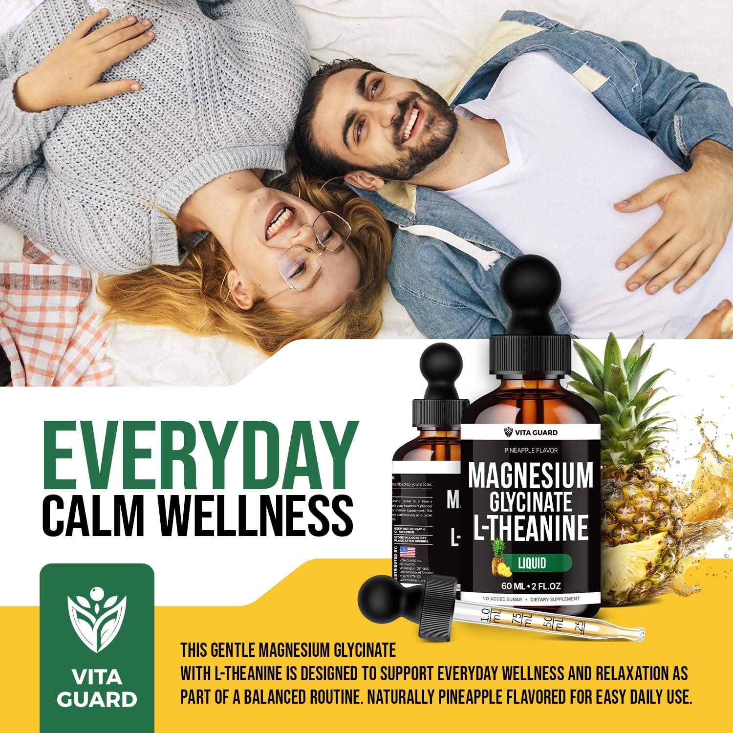 Vita Guard Magnesium Glycinate Liquid Supplement 500mg bottle with glass of water