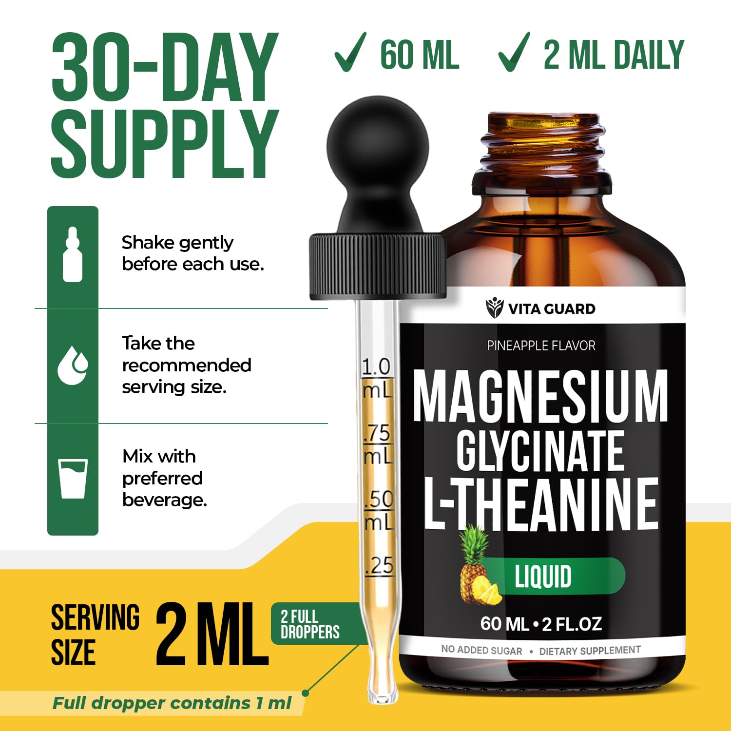 Vita Guard Magnesium Glycinate Liquid Supplement 500mg with pineapple flavour