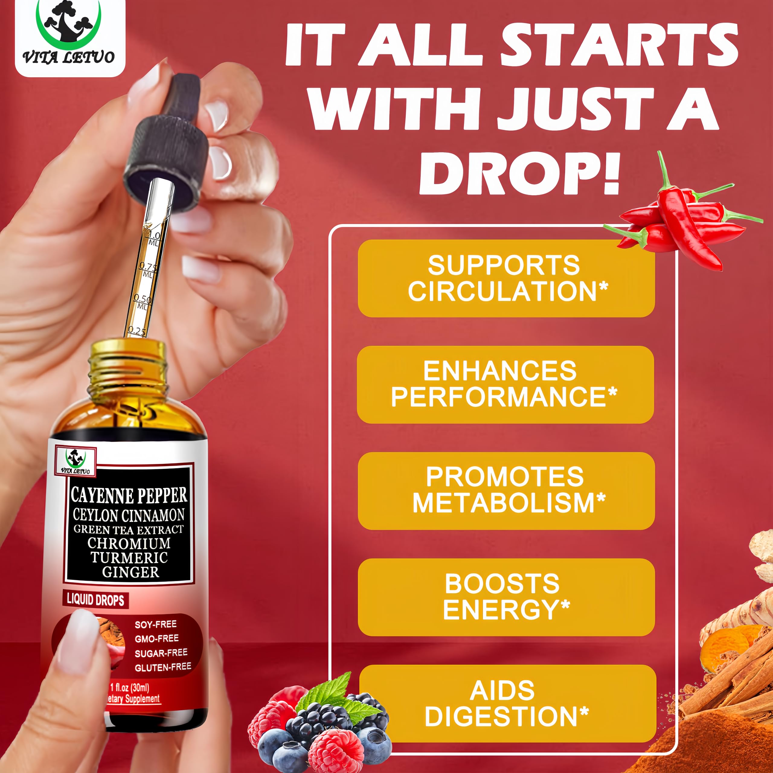 Vita letuo Cayenne Pepper Drops dropper close-up