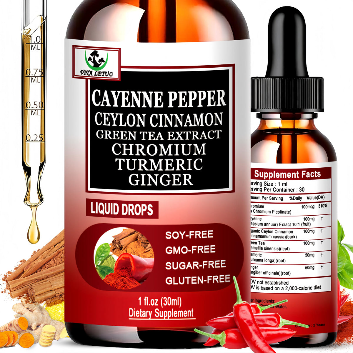 Vita letuo Cayenne Pepper Drops front view with packaging