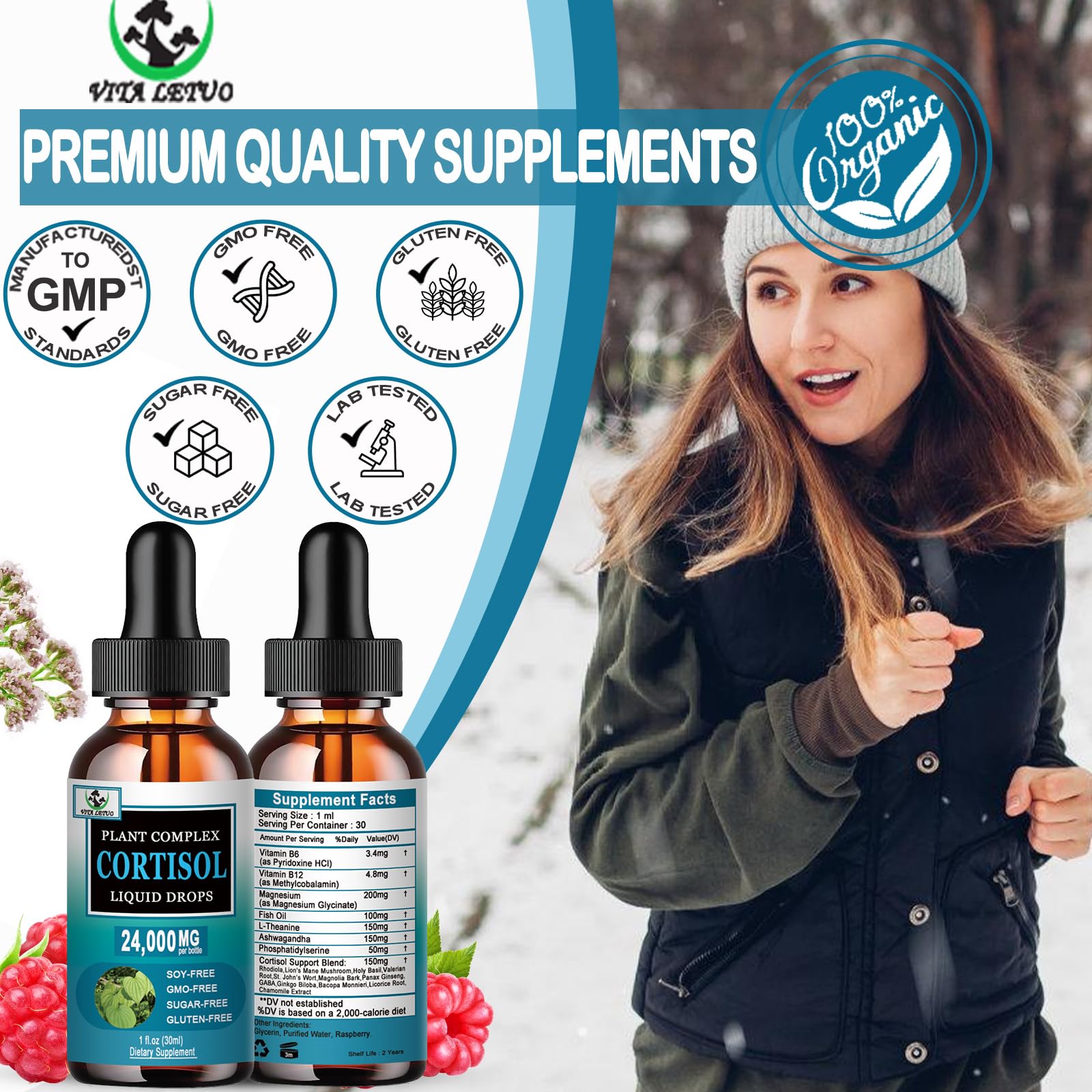 Vita Letuo Cortisol Support Liquid Drops on a wooden table