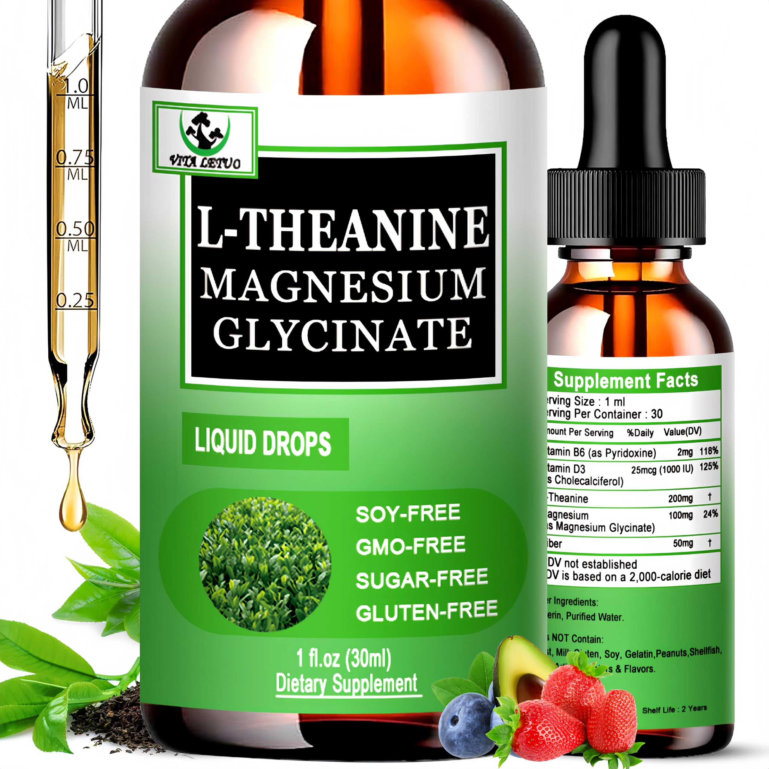 Vita letuo L-Theanine Liquid Drops front view with packaging