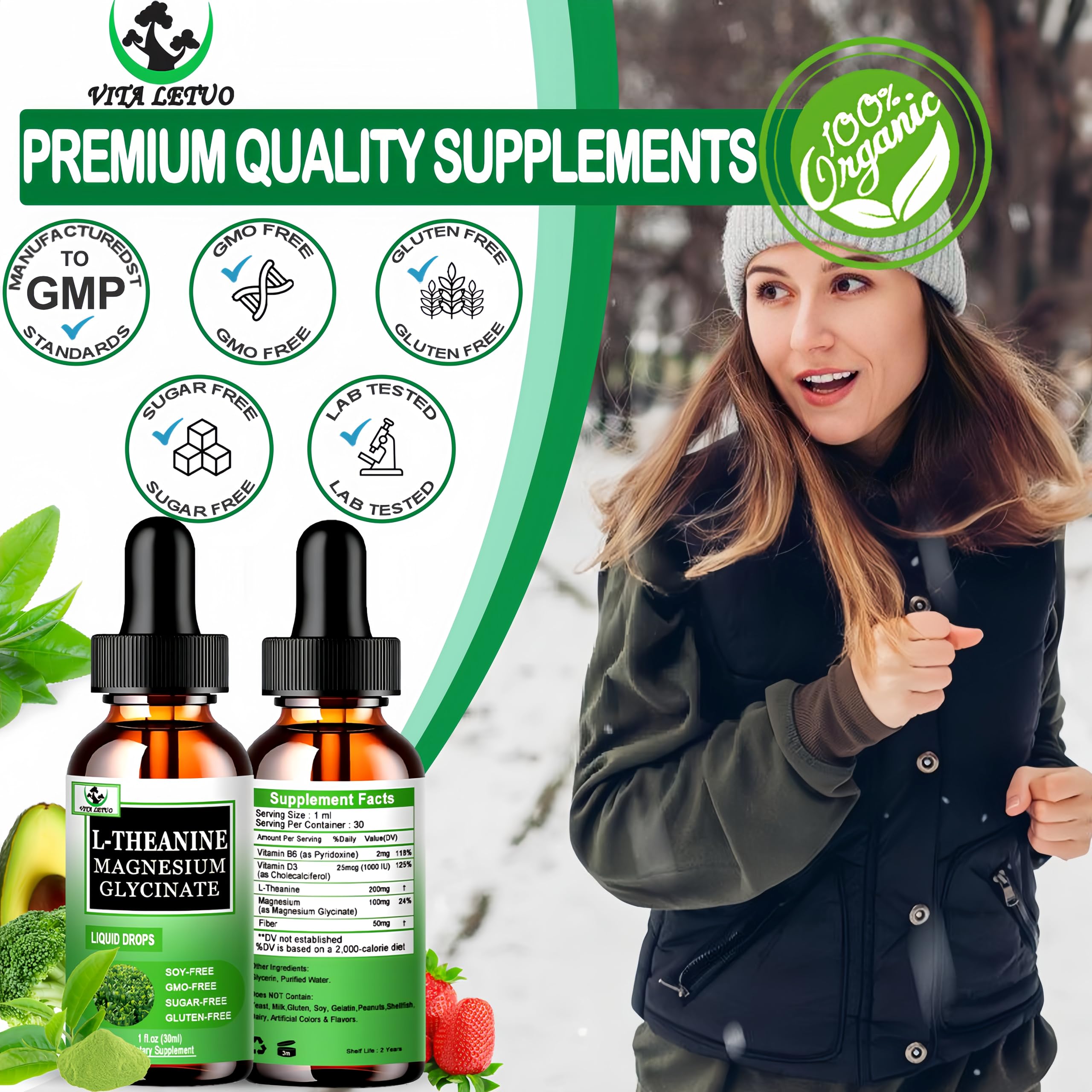 Vita letuo L-Theanine Liquid Drops on a kitchen counter
