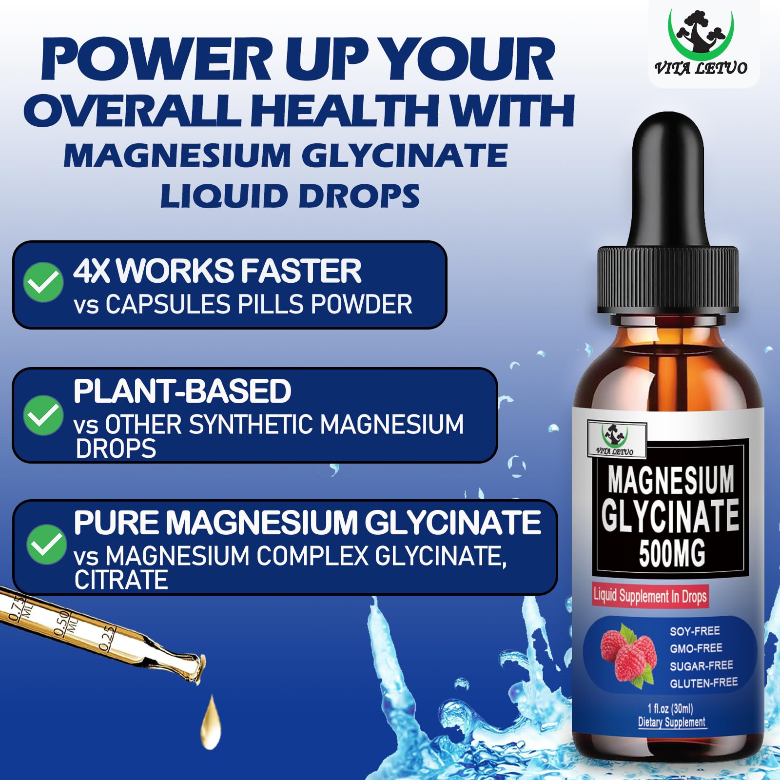 Vita letuo Magnesium Glycinate Liquid Drops 500mg back view