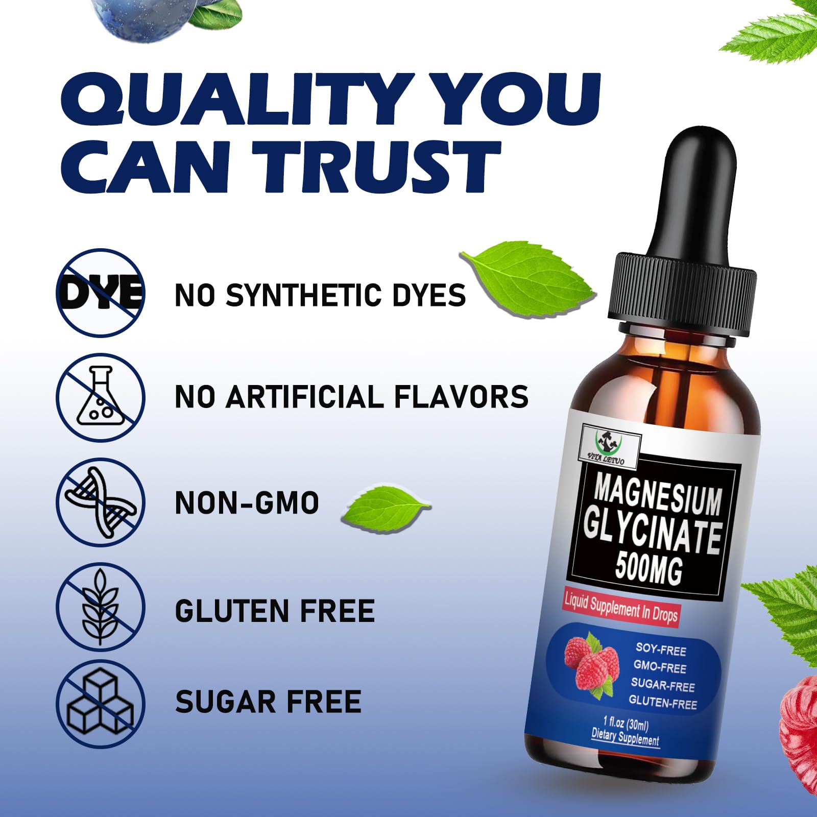 Vita letuo Magnesium Glycinate Liquid Drops 500mg on a wooden table