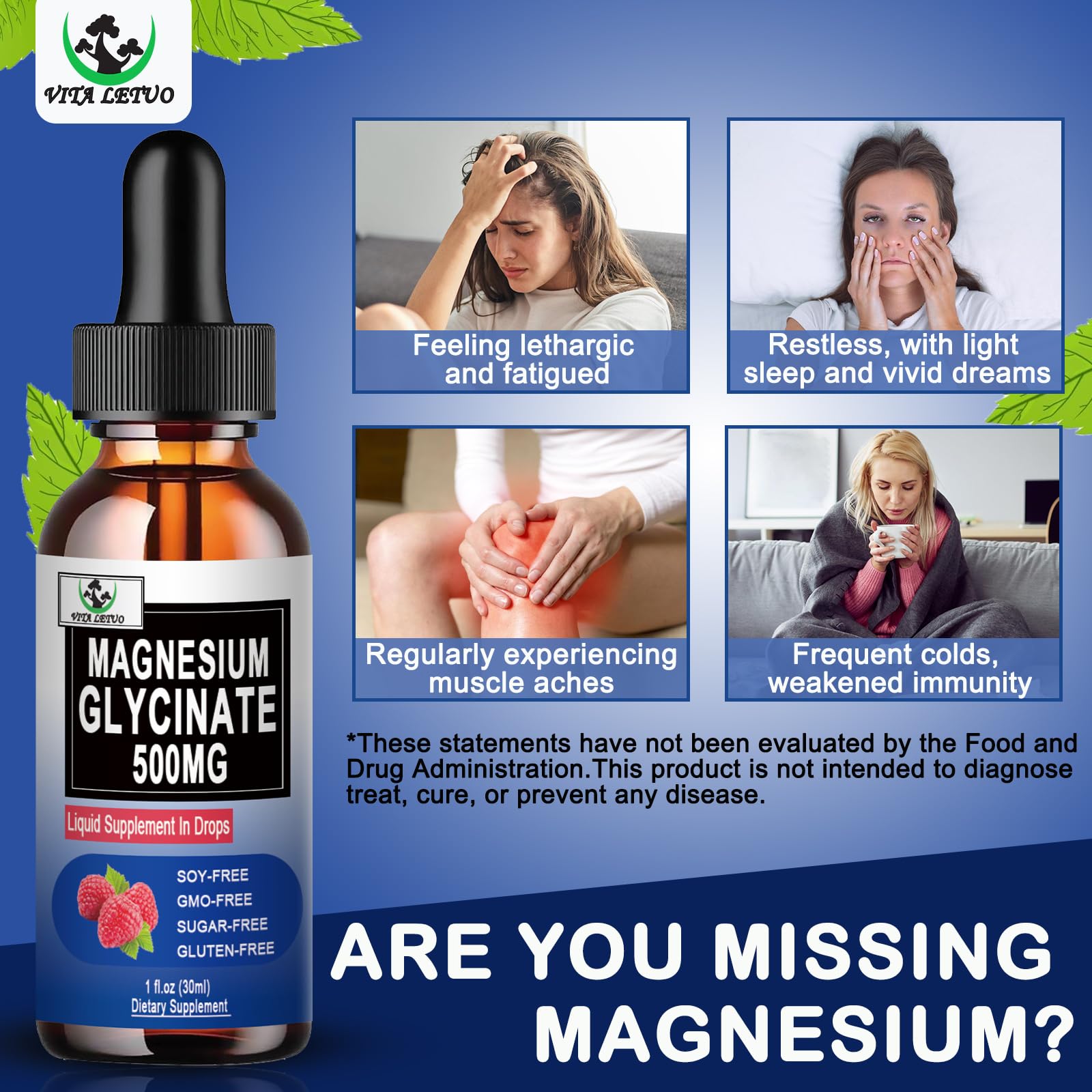 Vita letuo Magnesium Glycinate Liquid Drops 500mg with dropper