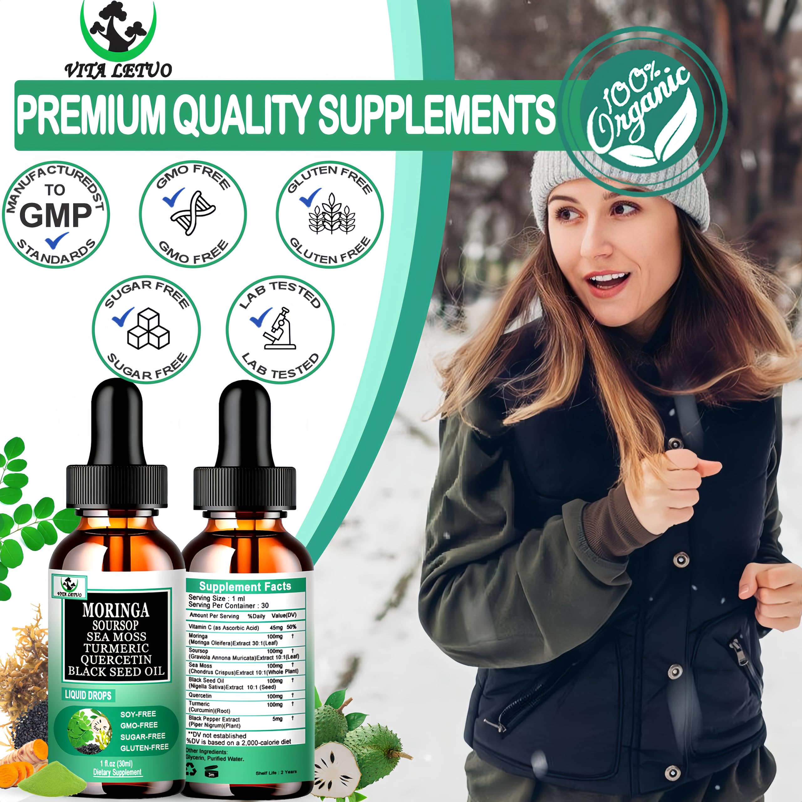 Vita letuo Moringa Drops 50g bottle with a measuring spoon