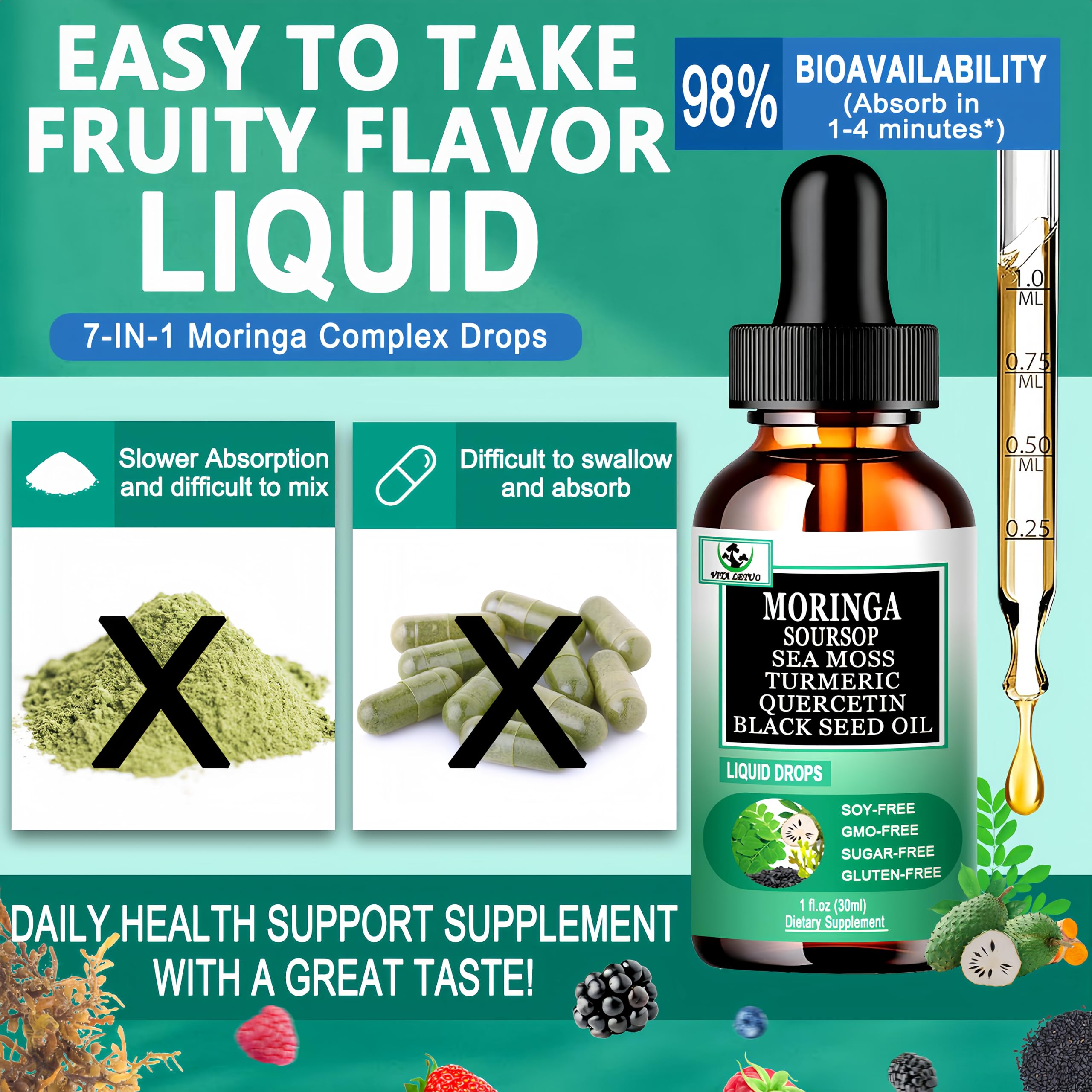 Vita letuo Moringa Drops 50g on a wooden table
