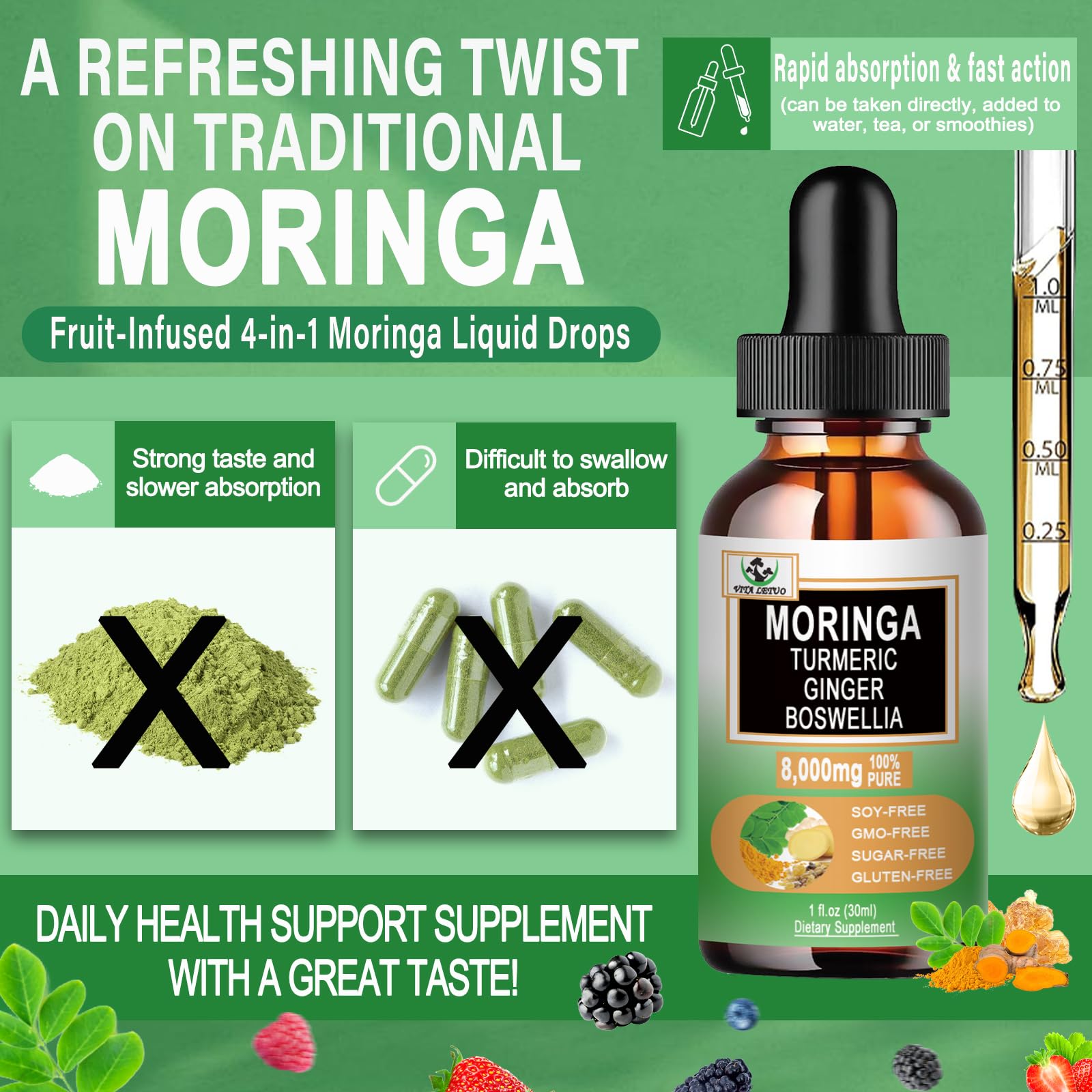 Vita letuo Moringa Liquid Drops displayed on a wooden table