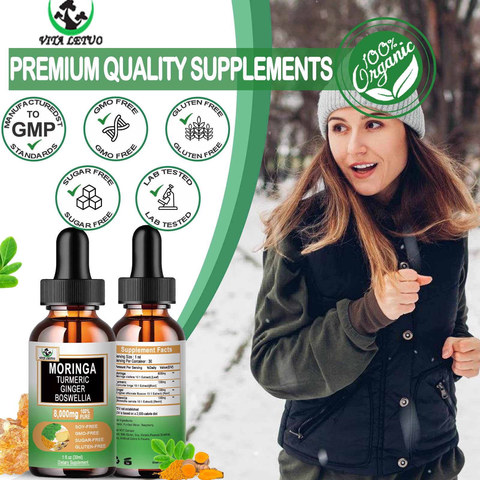 Vita letuo Moringa Liquid Drops with a glass of water