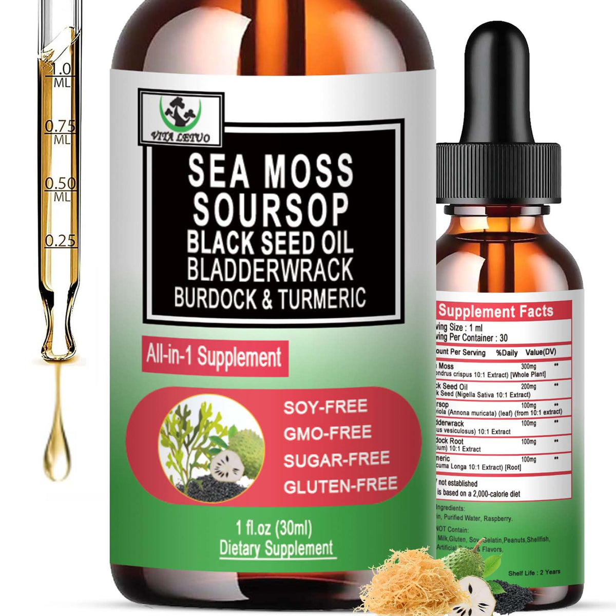 Vita letuo Sea Moss Liquid Drops front view with packaging