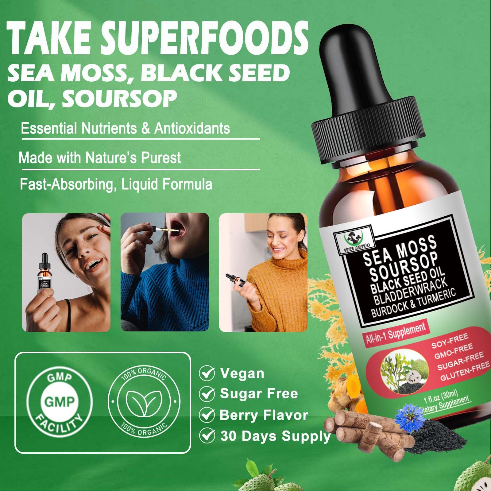 Vita letuo Sea Moss Liquid Drops ingredients close-up