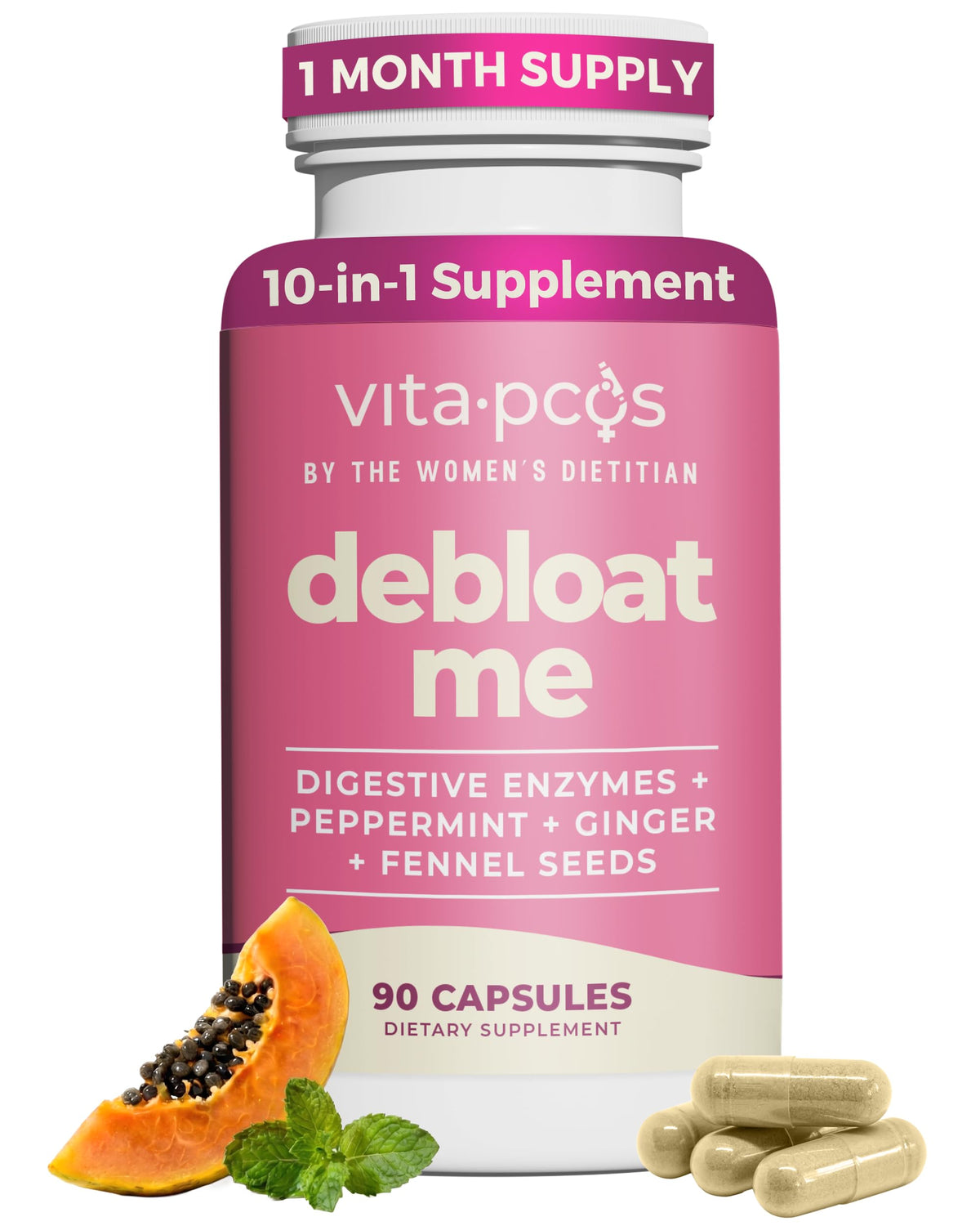 VITA-PCOS Debloat Me Multi-Enzymes Supplement front view with packaging
