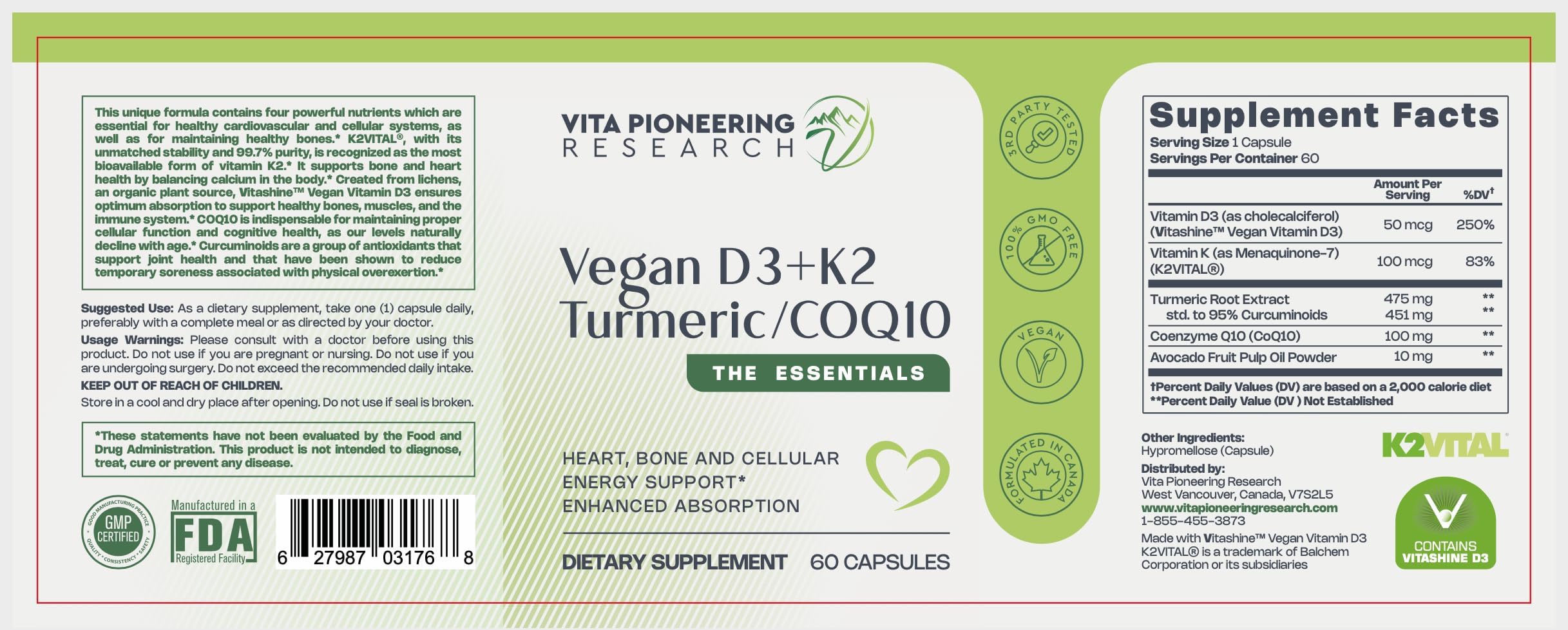 Vita Pioneering Research Vitamin D3 & K2 supplement ingredients list